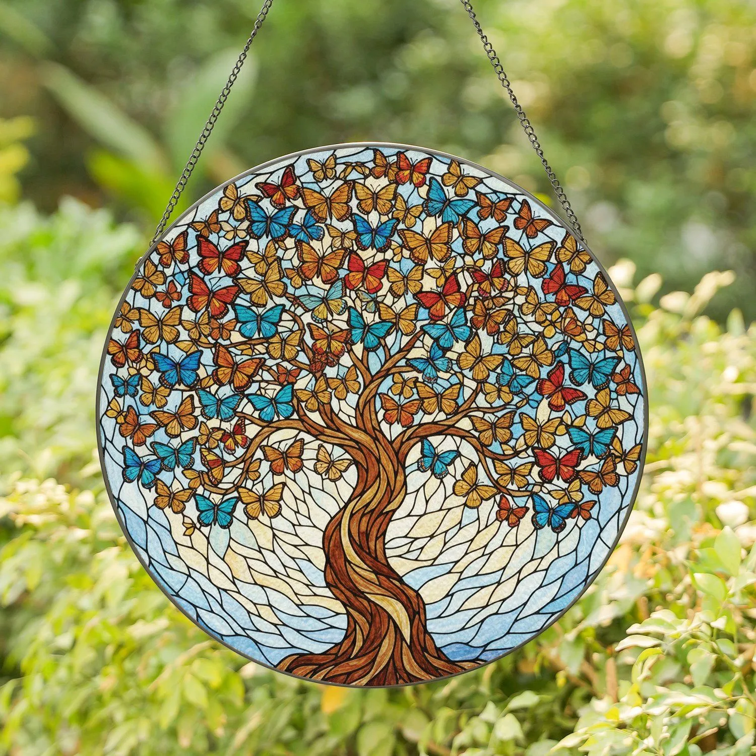 Majestic Stained Glass Butterfly Tree with Intricate Mosaic Sky - Tiffany Art Decor Stained Glass Suncatcher - 1