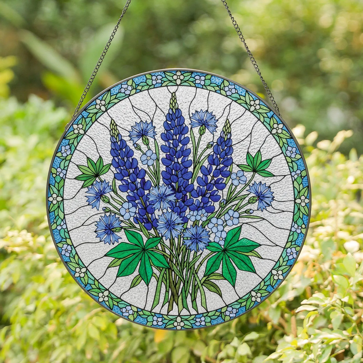 Intricate Blue Floral Bouquet Stained Glass - Tiffany Jewel Tone Mosaic Window Art Stained Glass Suncatcher - 1