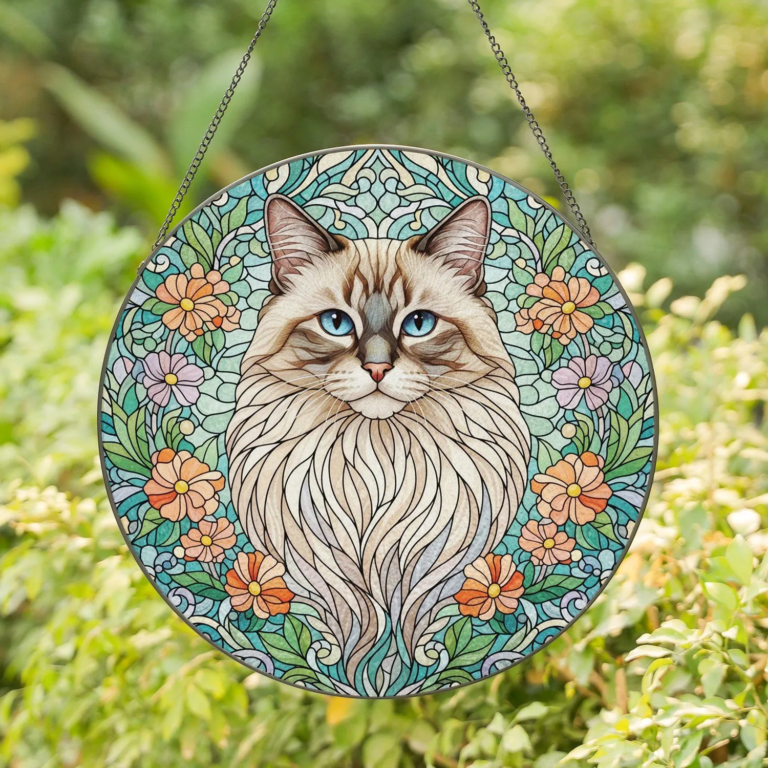 Majestic Ragdoll Cat Stained Glass Blue Eyes Cream Brown Fur - Tiffany Style Floral Mosaic Art Stained Glass Suncatcher - 1