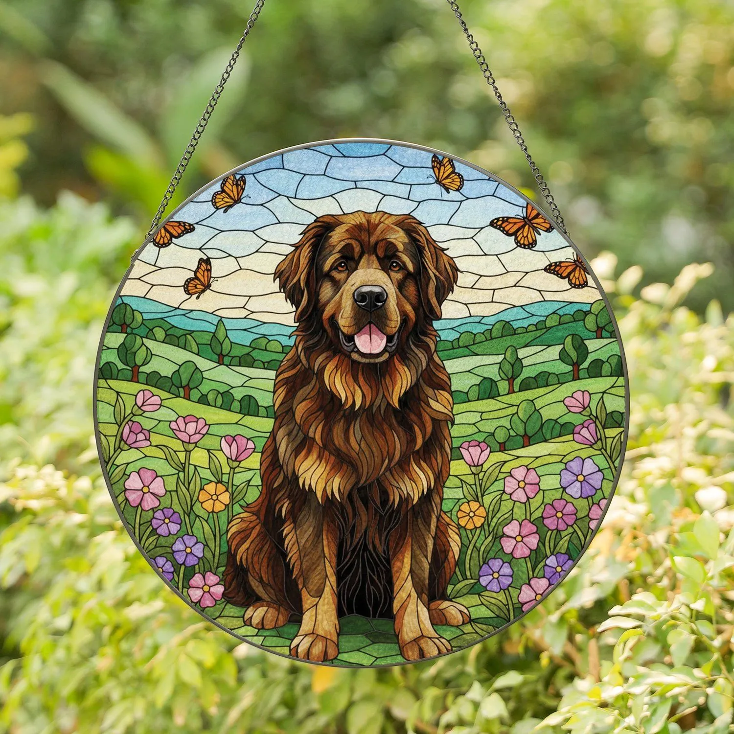 Newfoundland Dog Stained Glass Wildflowers Butterflies Tiffany Style - Dog Lover Gift Art Stained Glass Suncatcher - 1