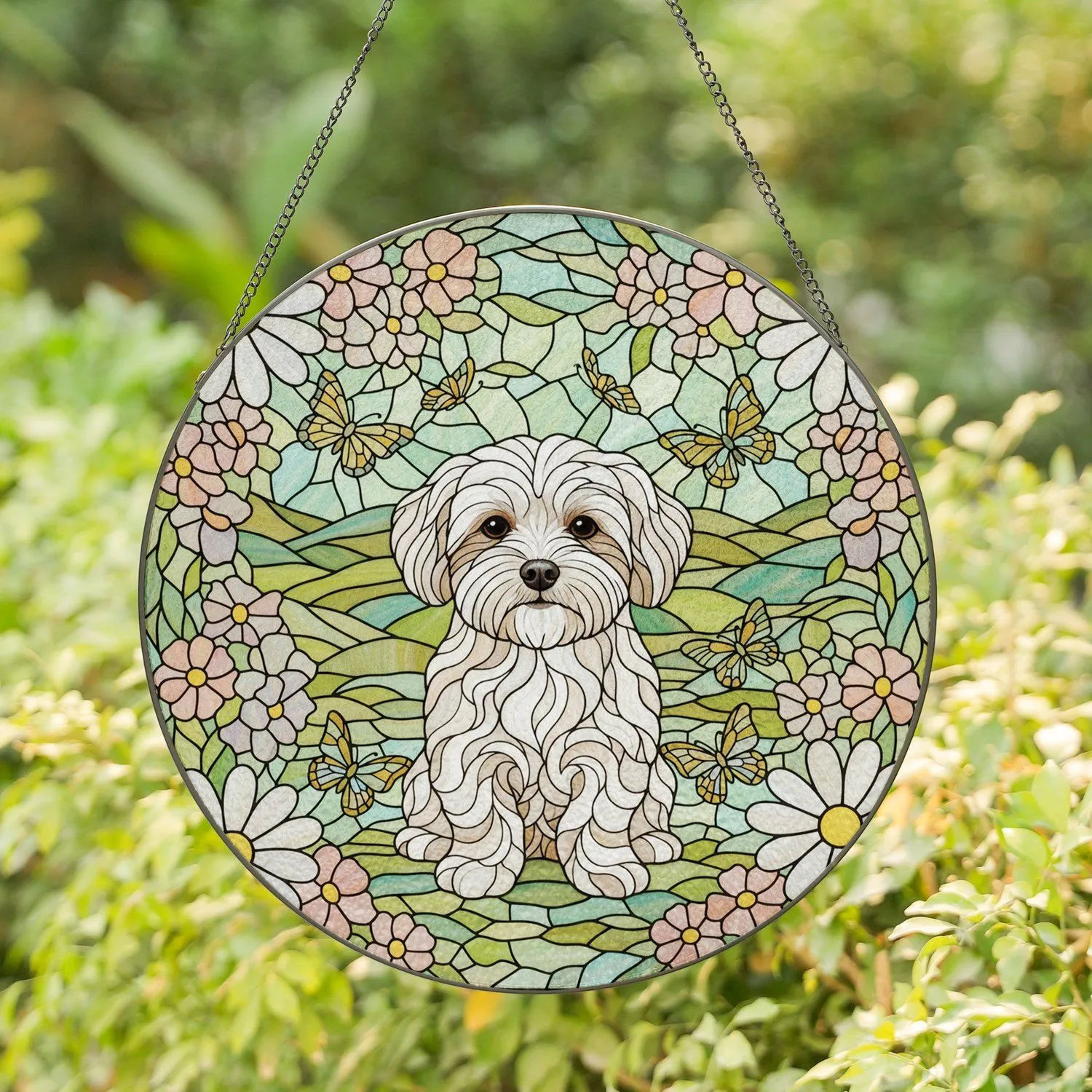 Maltese Dog Stained Glass Art, Flowers & Butterflies, Intricate Tiffany Style Nature Scene Stained Glass Suncatcher - 1