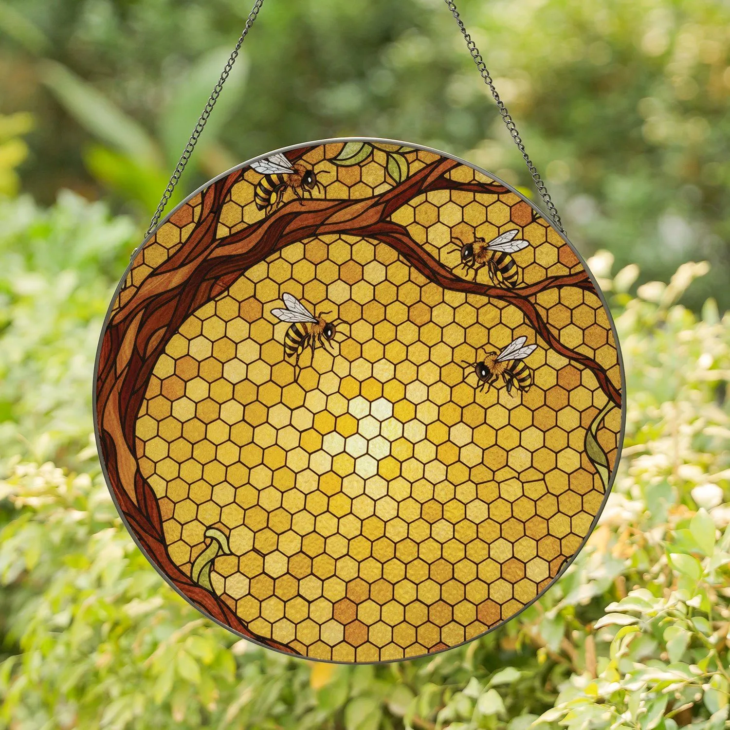 Golden Amber Honeycomb Honeybee Branch Stained Glass Tiffany Window Art Decor Stained Glass Suncatcher - 1