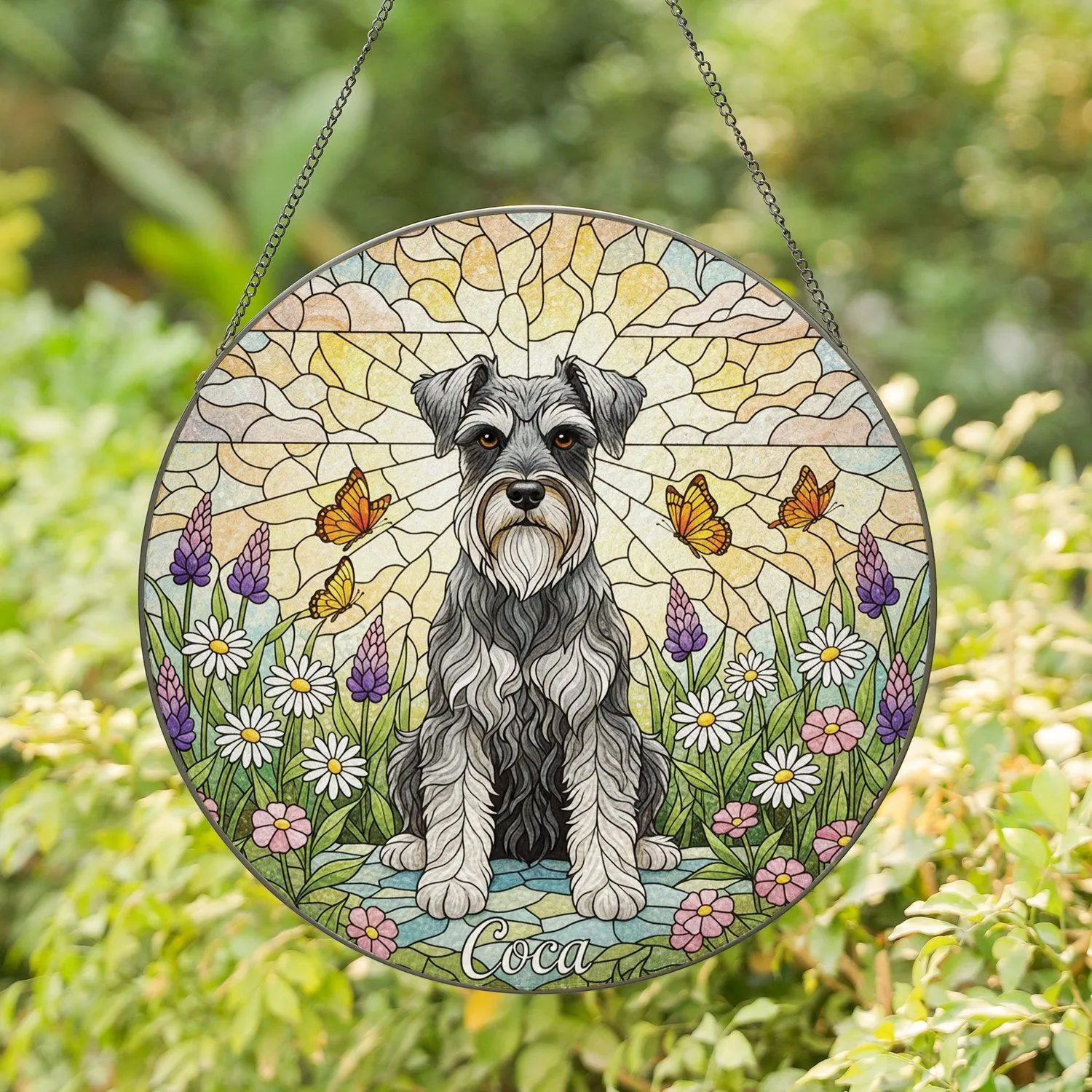 Custom Name Schnauzer Dog Tiffany Style Stained Glass Art Wildflowers Butterflies - Sunlit Sky Gift Stained Glass Suncatcher - 1
