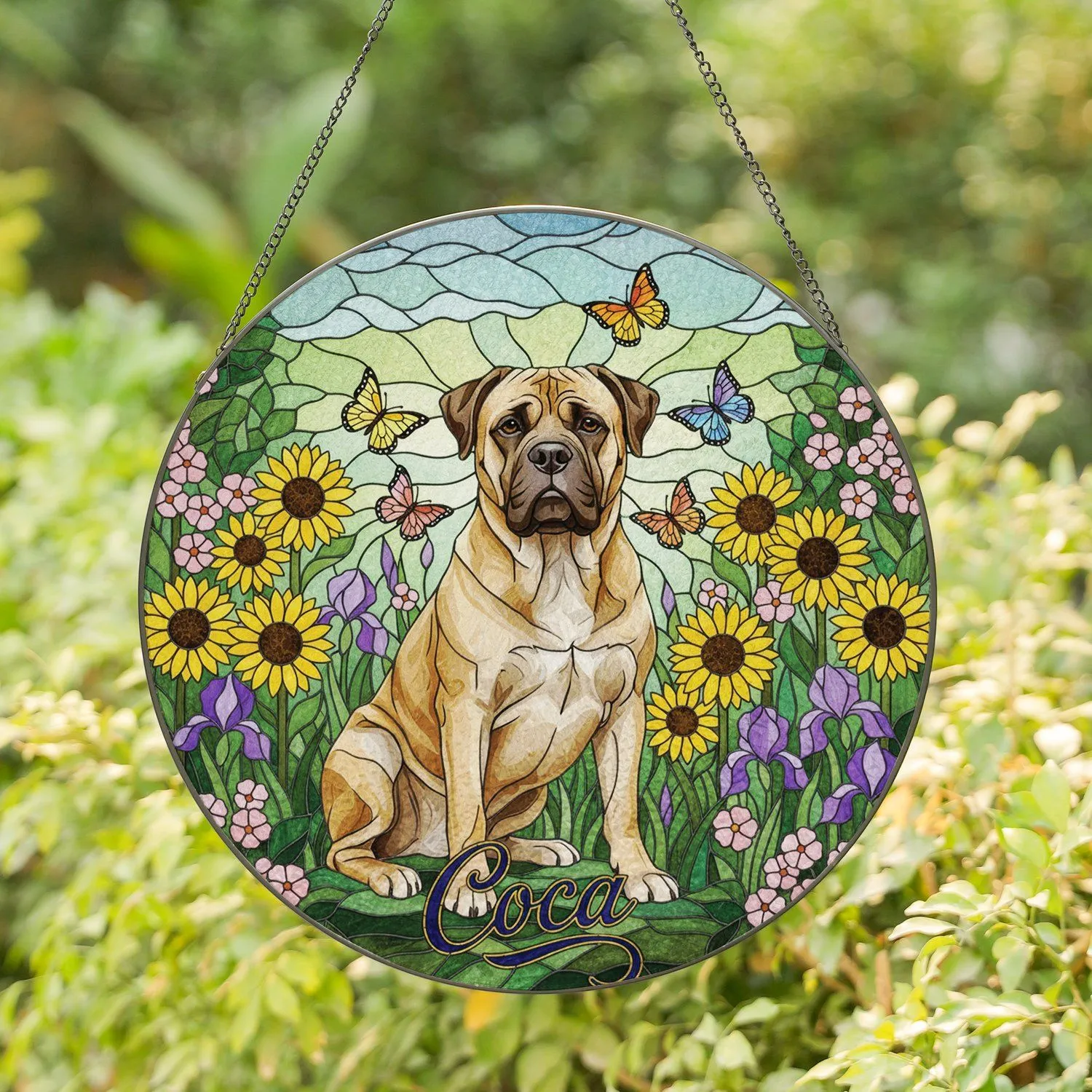 Custom Name Fawn Bullmastiff Dog Tiffany Glass Style, Butterflies & Floral Meadow for Dog Lovers Stained Glass Suncatcher - 1