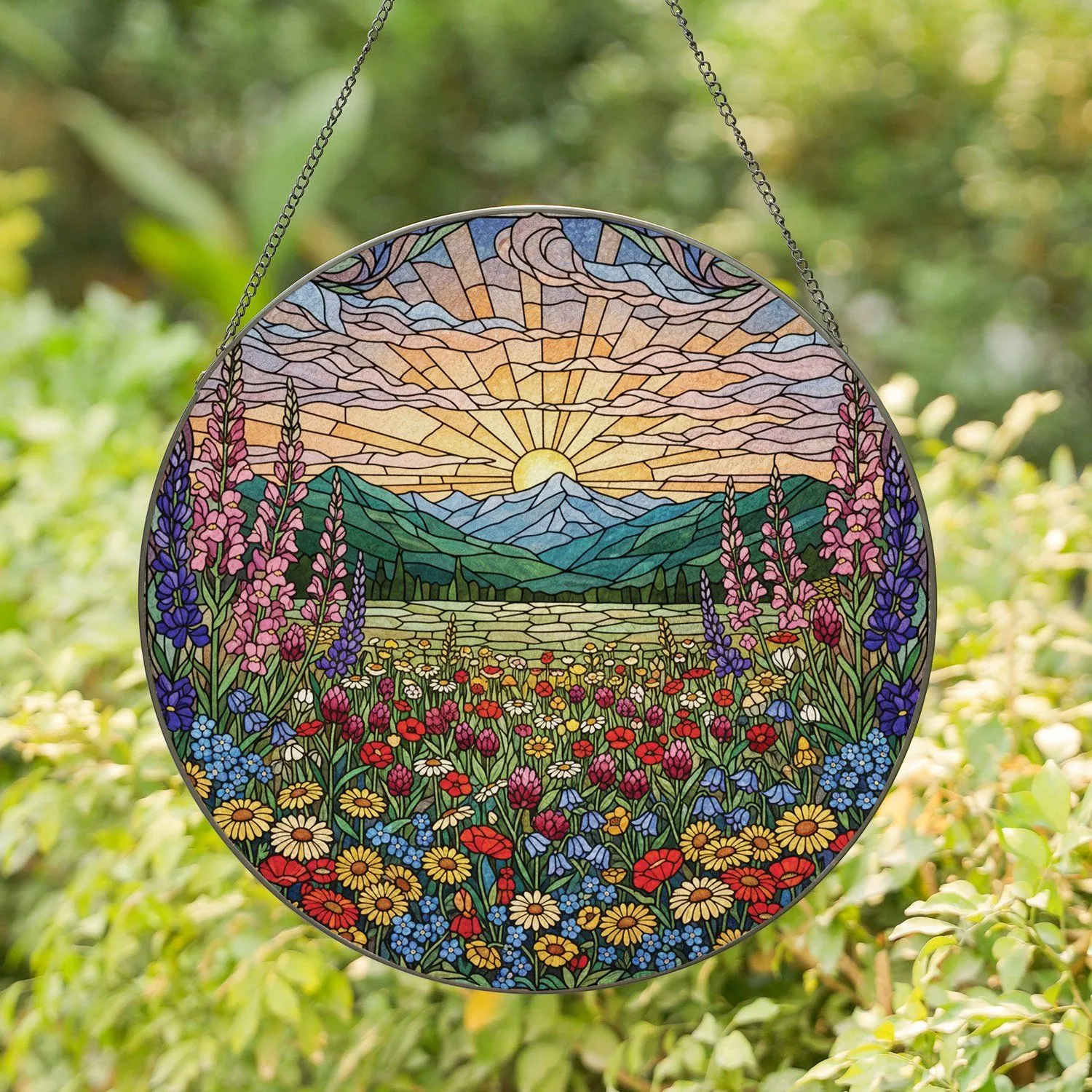Tiffany Stained Glass Wildflower Meadow Poppies Lupines Mountain Sunset Landscape Stained Glass Suncatcher - 1