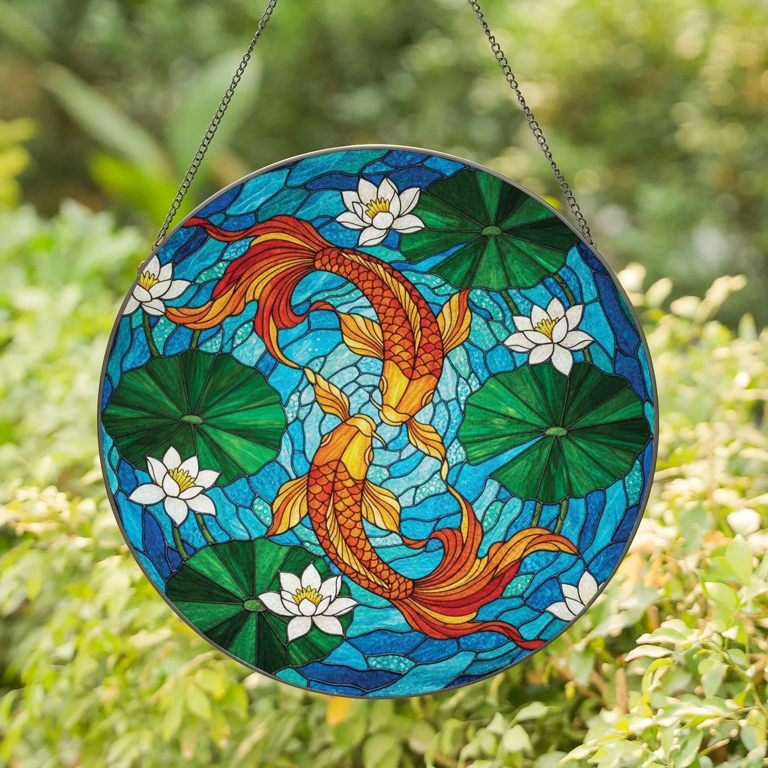 Intertwined Koi Fish Stained Glass Lotus Lily Pad - Mosaic Aquatic Pond Art Decor Stained Glass Suncatcher - 1