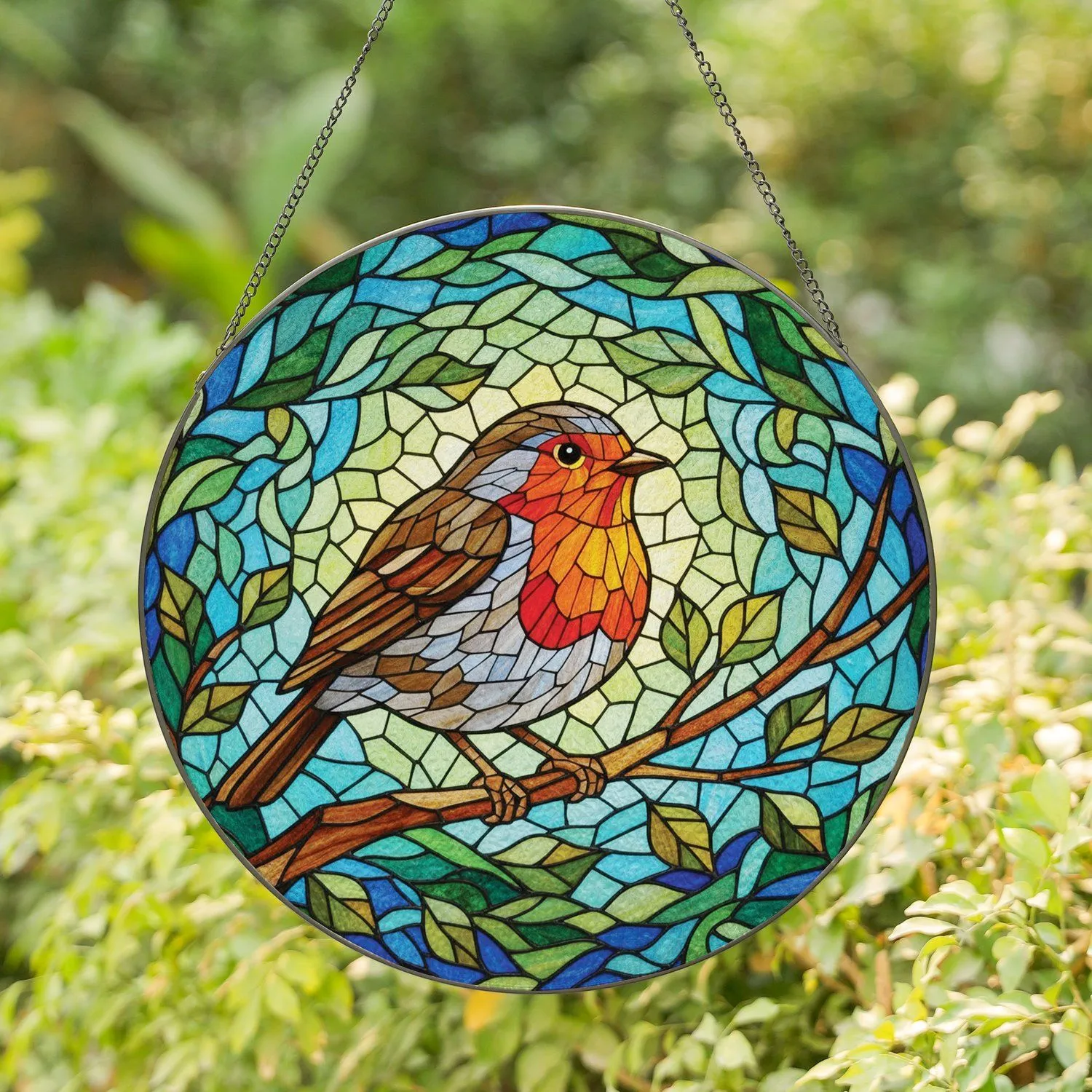Stained Glass Robin Bird on Tree Branch, Tiffany Style Window Decor Gift for Nature Lovers Stained Glass Suncatcher - 1
