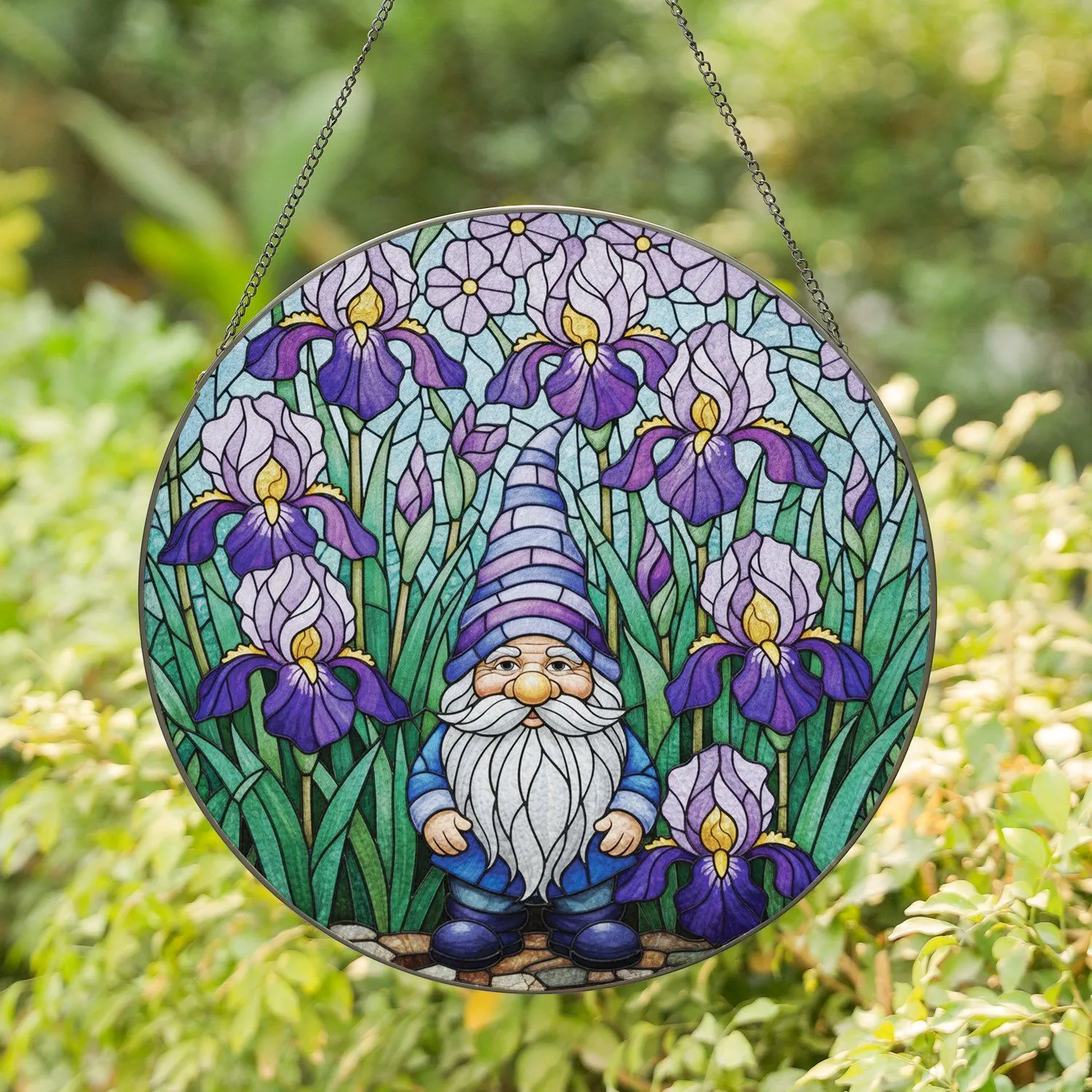 Garden Gnome Iris Flowers Stained Glass Tiffany Jewel Tones Intricate Garden Decor Stained Glass Suncatcher - 1