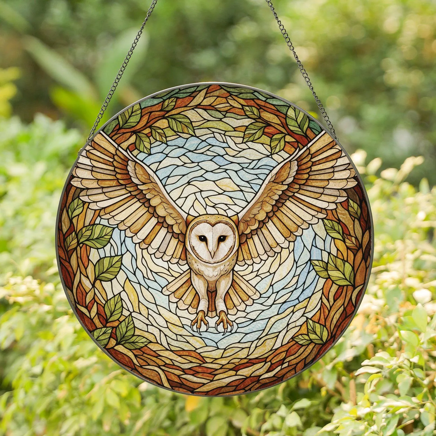 Majestic Barn Owl In Flight Stained Glass Dappled Sunlight Intricate Foliage Mosaic Stained Glass Suncatcher - 1
