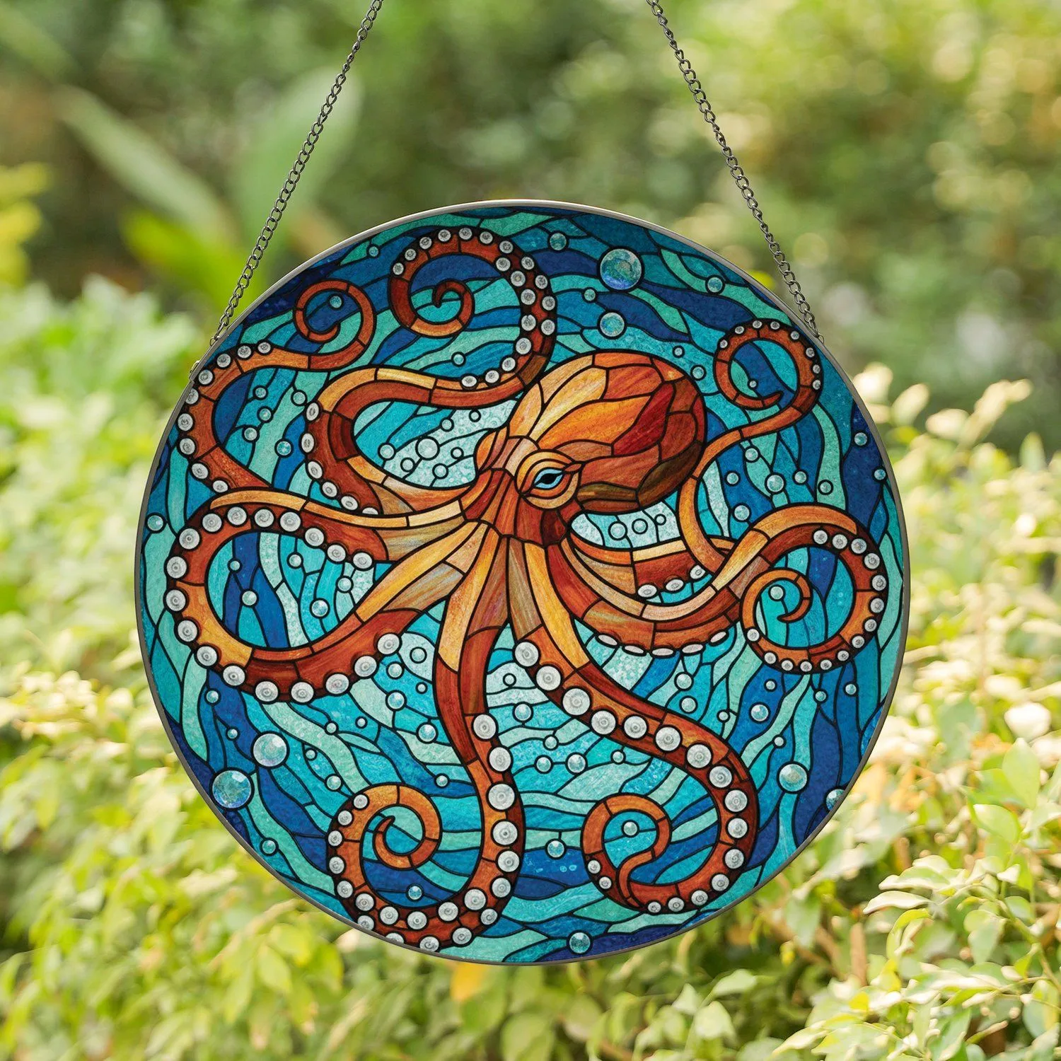 Tiffany Stained Glass Octopus - Swirling Tentacles Deep Sea Mosaic Iridescent Jewel Tones Stained Glass Suncatcher - 1