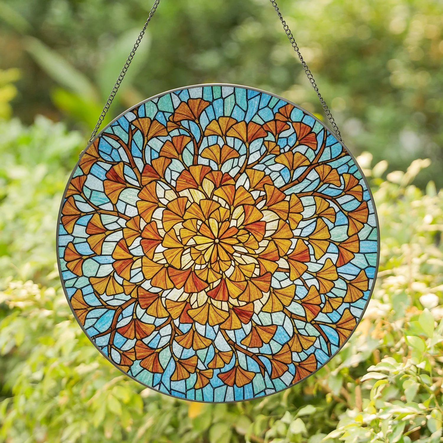 Autumn Ginkgo Leaf Stained Glass Mosaic Art - Tiffany Style Translucent Window Panel Stained Glass Suncatcher - 1