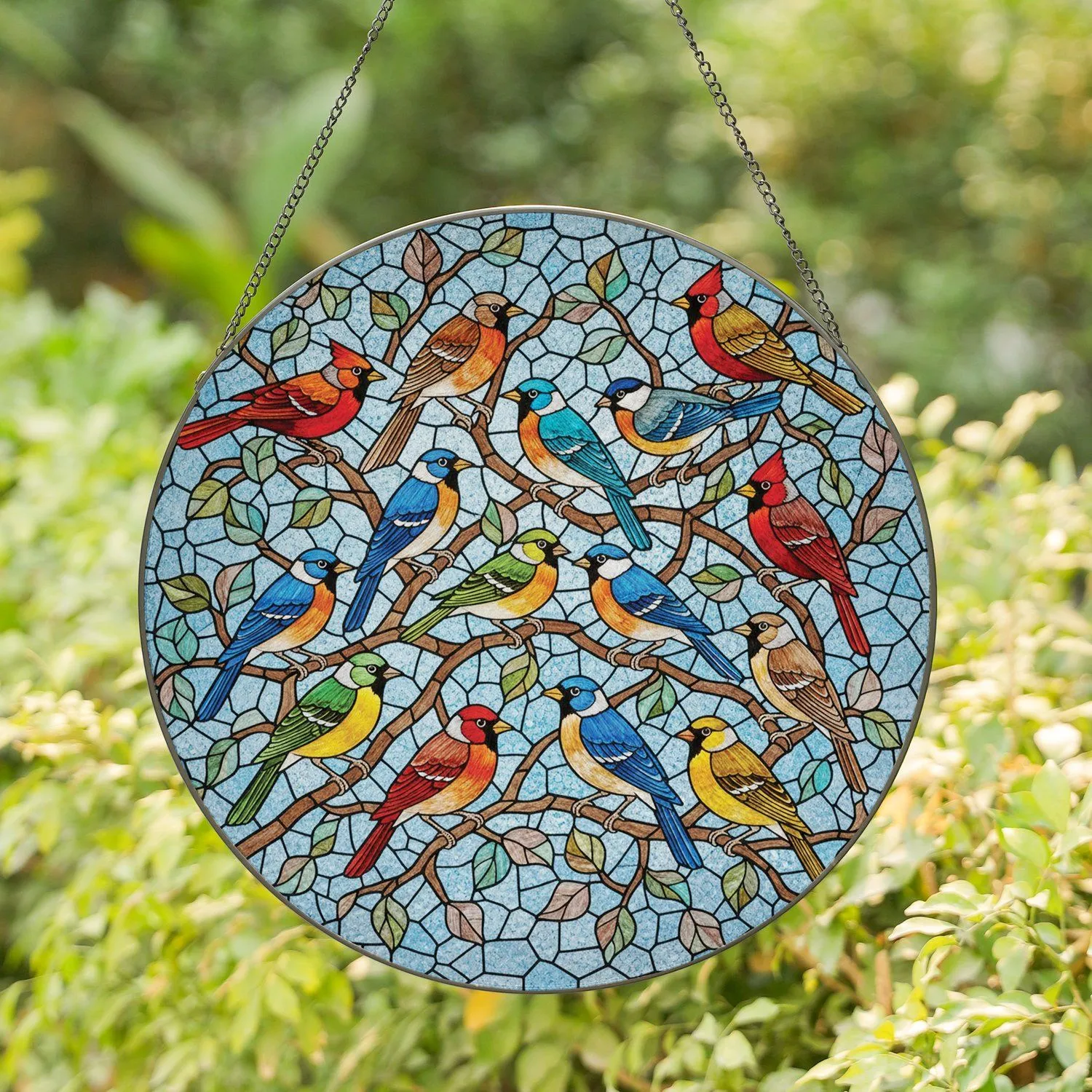 Ten Diverse Colorful Songbirds Tree Branches Stylized Leaves Tiffany Stained Glass Mosaic Stained Glass Suncatcher - 1