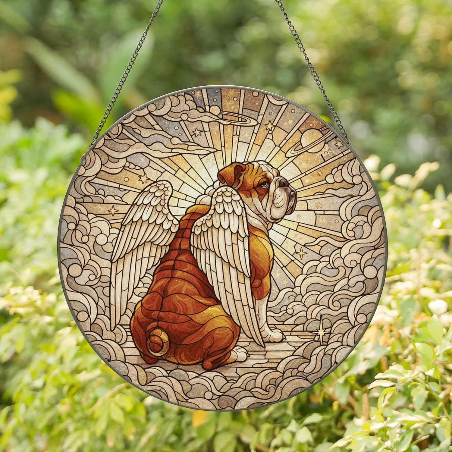 Angelic English Bulldog Tiffany Stained Glass - Ethereal Clouds & Jewel Tones Decor Stained Glass Suncatcher - 1