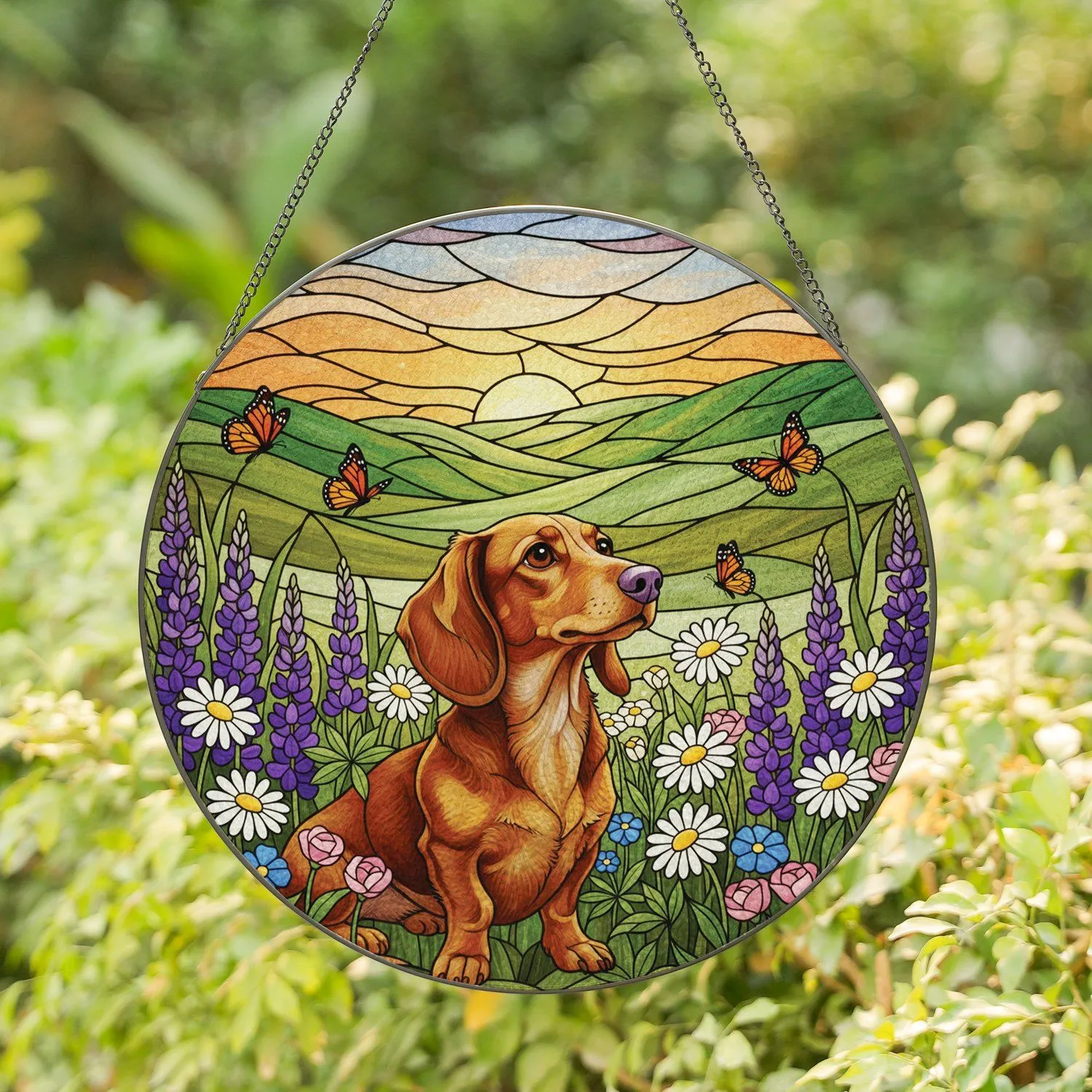 Dachshund Dog Stained Glass Wildflowers Butterflies Sunset Tiffany Art Dog Lover Gift Stained Glass Suncatcher - 1