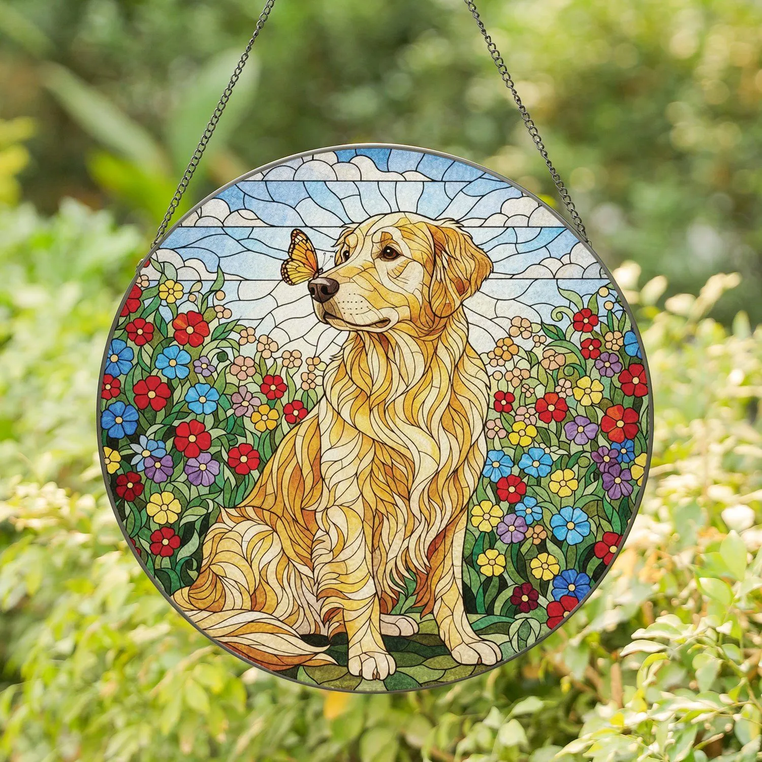 Golden Retriever Dog Stained Glass Art with Butterfly - Tiffany Jewel Tones Meadow Flowers Sky Stained Glass Suncatcher - 1