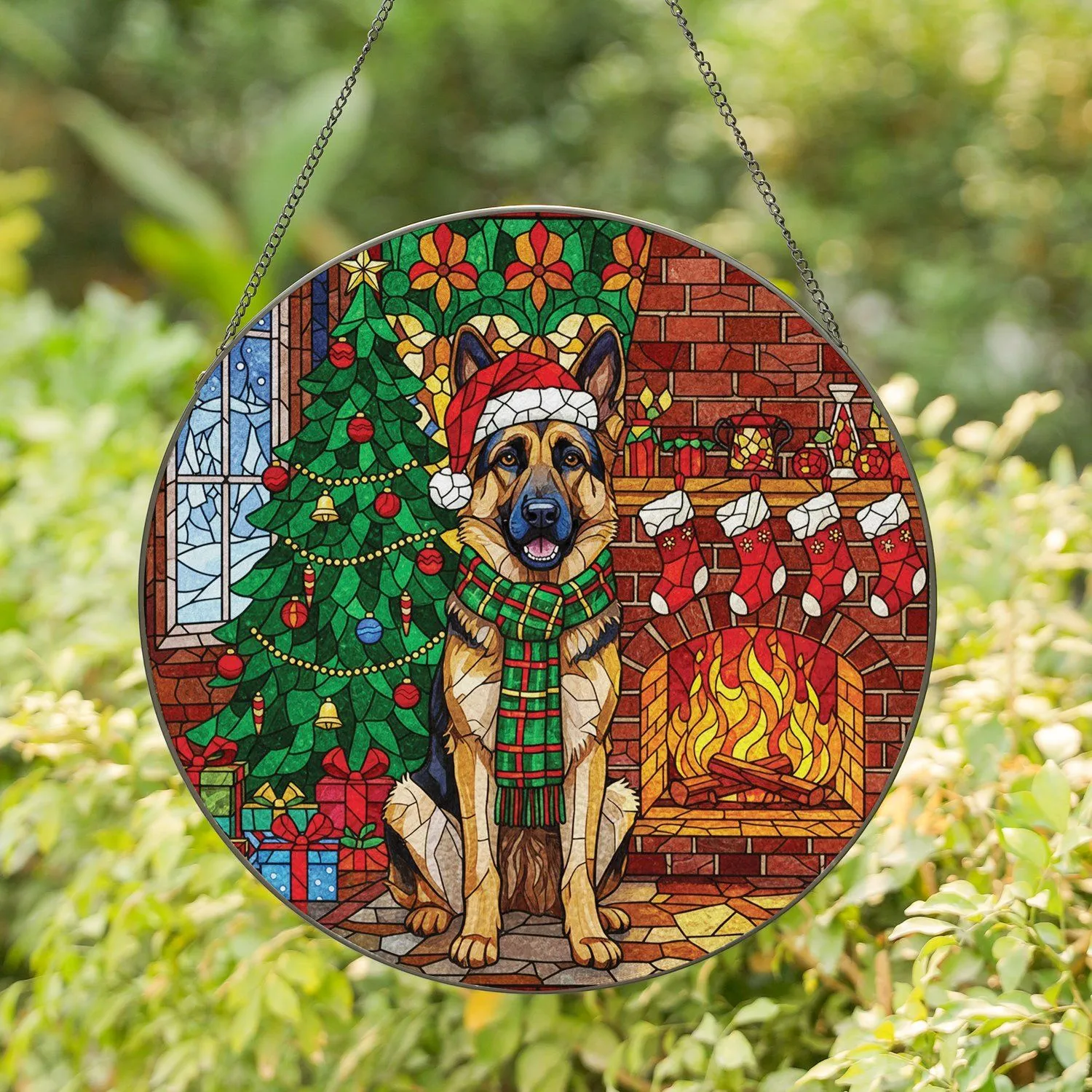 German Shepherd Santa Hat Scarf Christmas Tree Fireplace - Festive Holiday Dog Lover Gift Stained Glass Suncatcher - 1