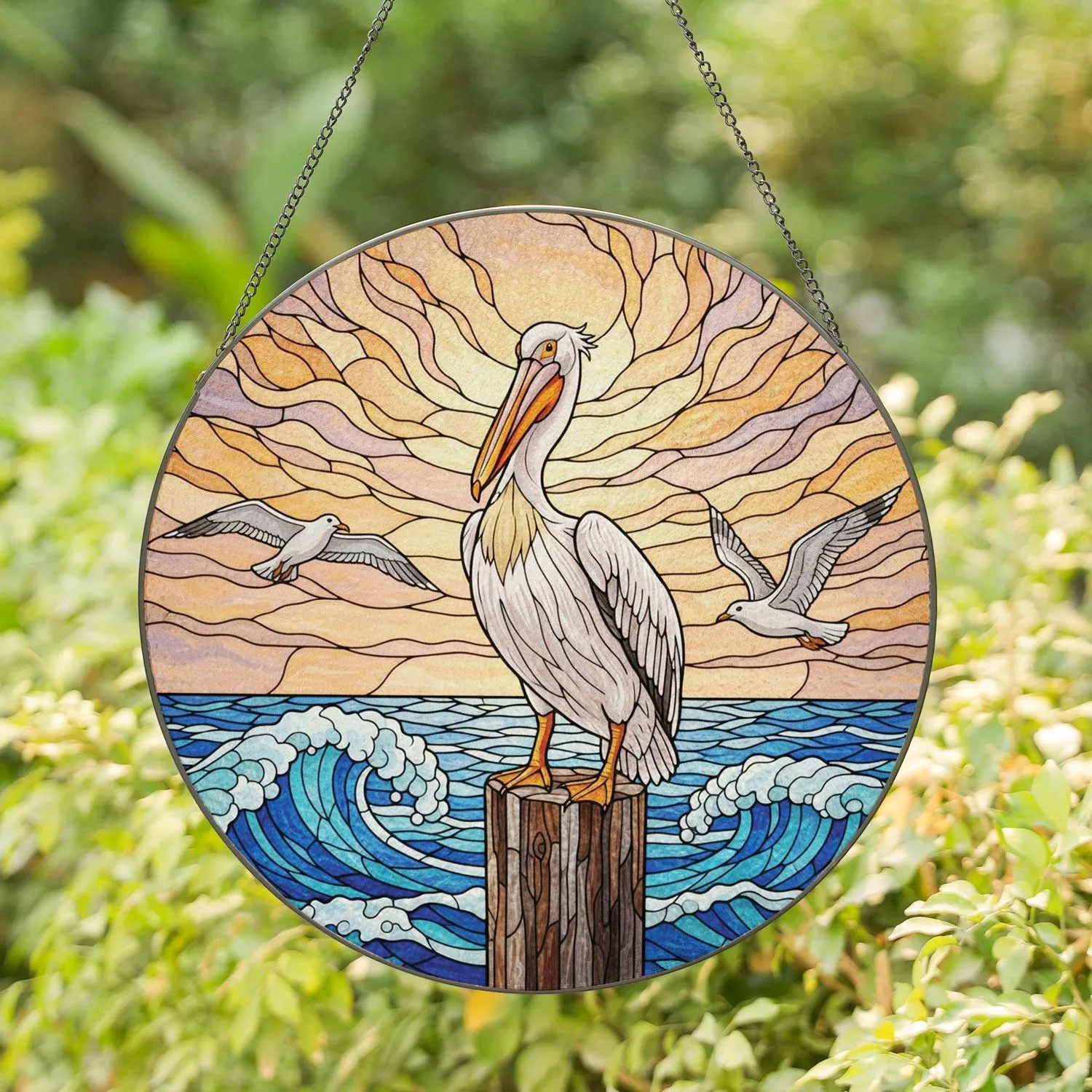 Majestic Pelican Seagull Ocean Seascape - Tiffany Glass Style Wildlife Window Art Decor Stained Glass Suncatcher - 1