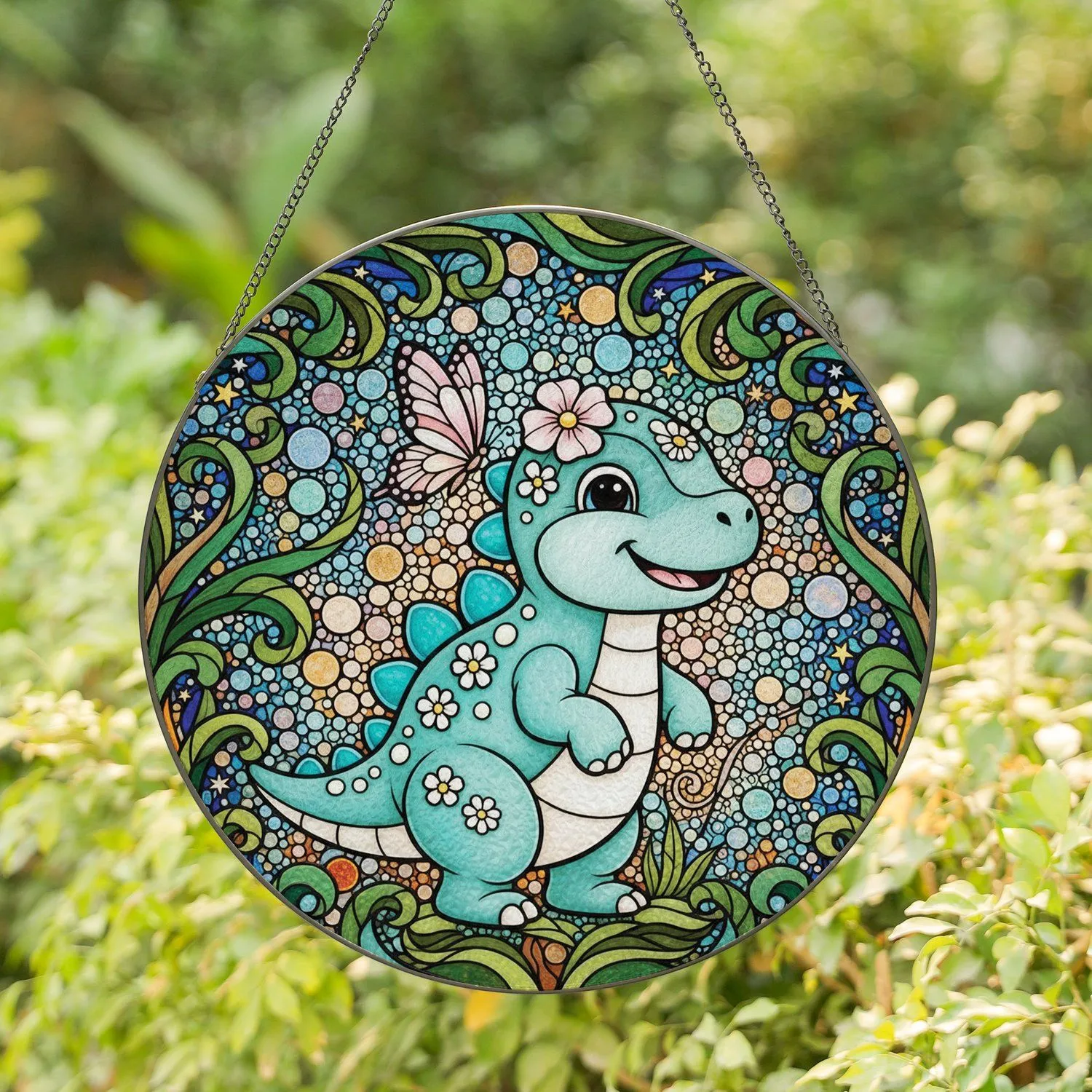 Baby Dinosaur Butterfly Flowers Teal Scutes Stained Glass Mosaic Foliage Bubbles Stars Stained Glass Suncatcher - 1
