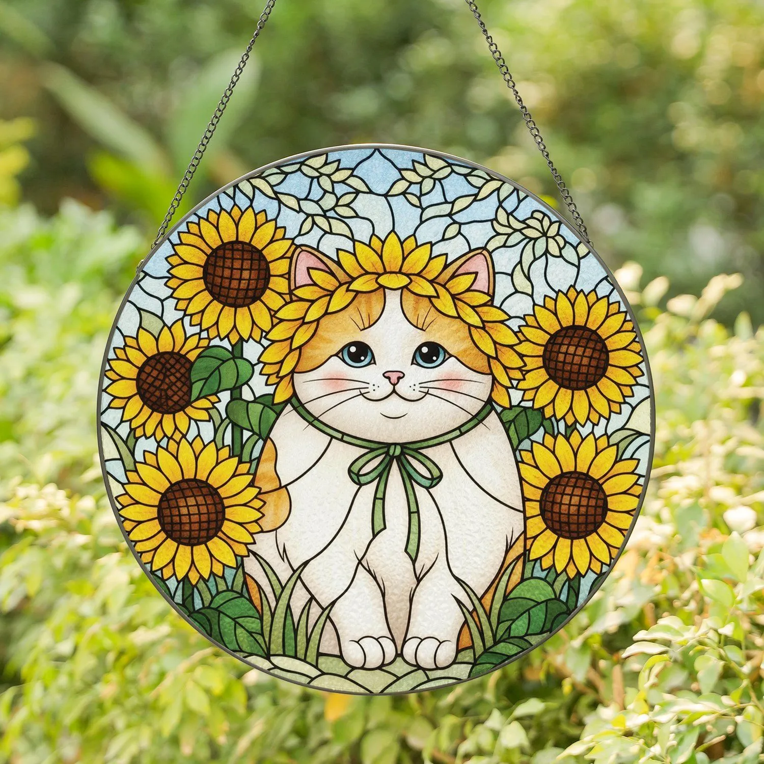 Sweet Fluffy Cat Sunflower Bonnet Stained Glass Art - Vibrant Sunflowers Home Decor Stained Glass Suncatcher - 1