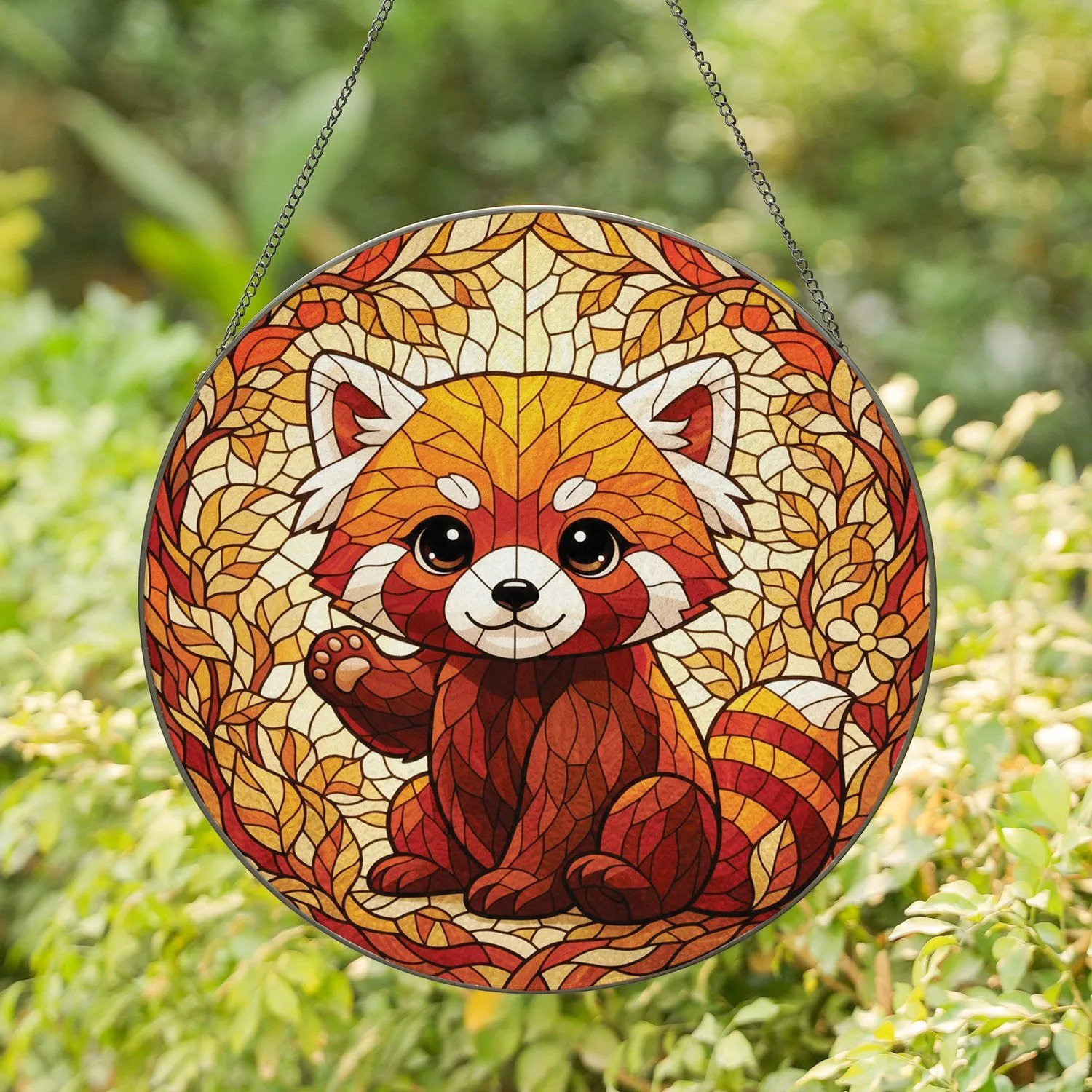 Chibi Red Panda Stained Glass Mosaic Forest Tiffany Style Art - Detailed Colorful Stained Glass Suncatcher - 1