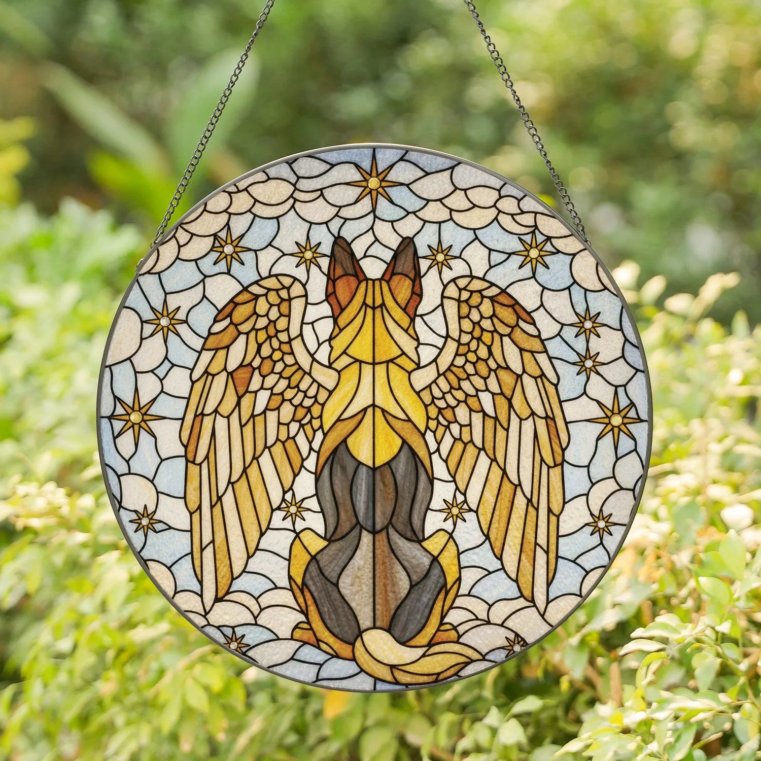 Winged German Shepherd Dog Stained Glass - Tiffany Style Jewel Tone Intricate Patterns Stained Glass Suncatcher - 1