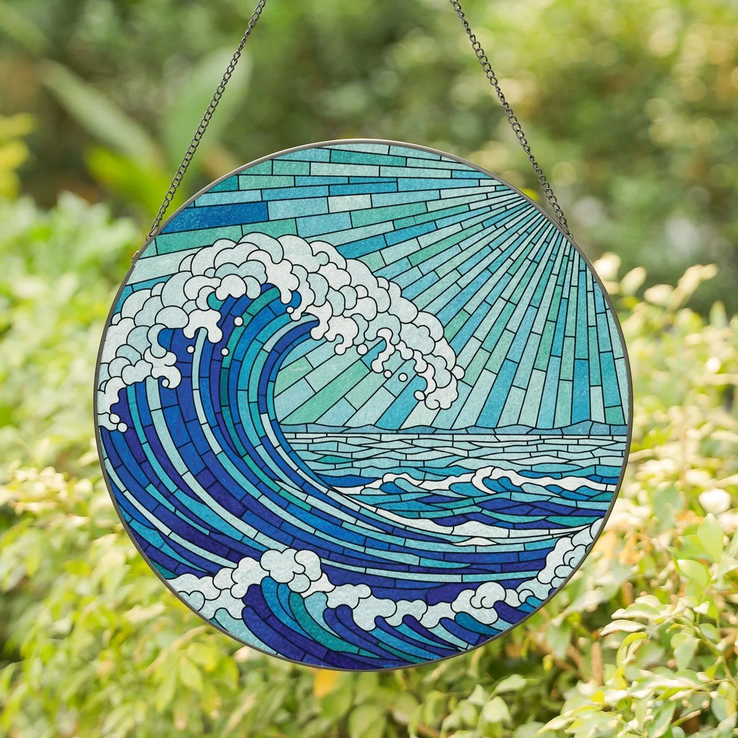 Powerful Ocean Wave Stained Glass Tiffany Art - Seascape Sun Window Decor Stained Glass Suncatcher - 1