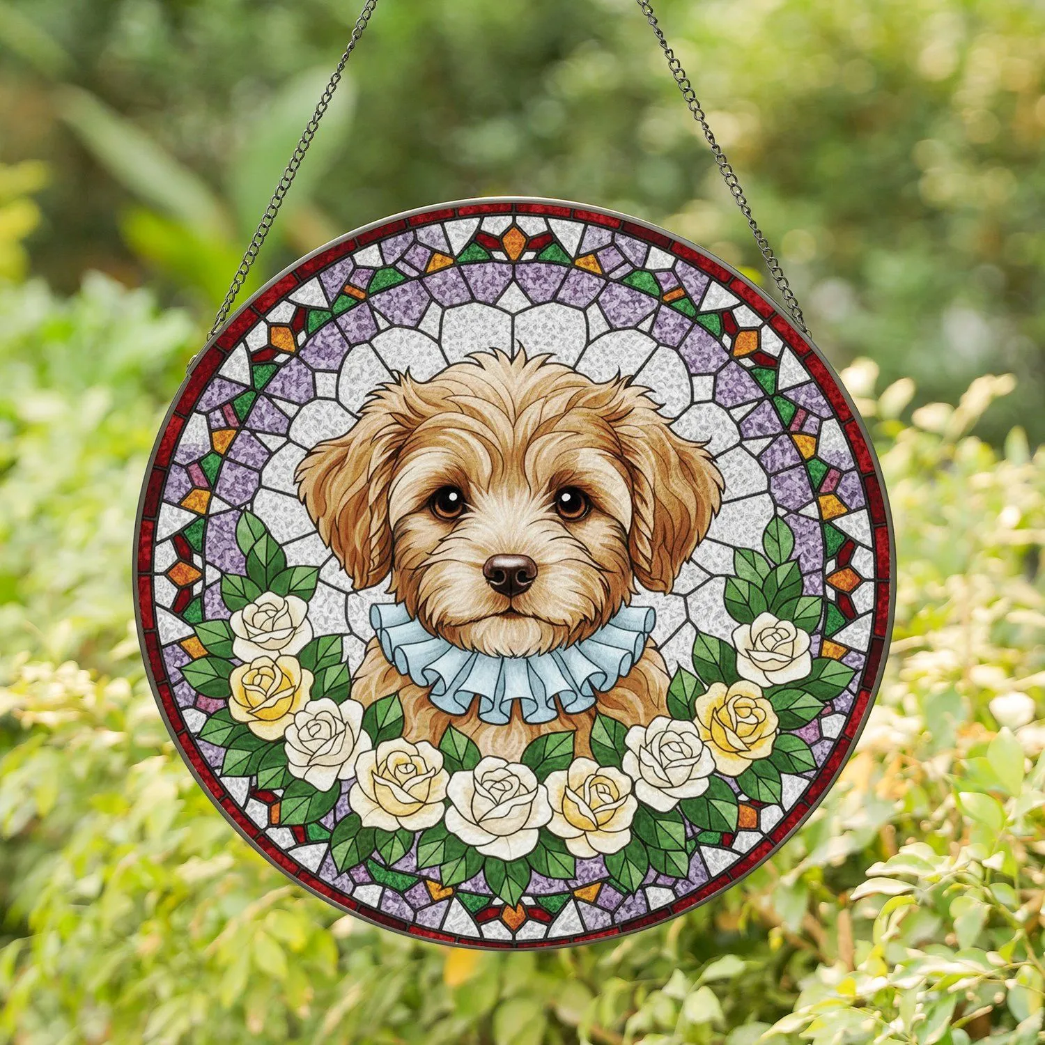 Fluffy Puppy Stained Glass Design with Rose Wreath & Geometric Mosaic Tiffany Style Stained Glass Suncatcher - 1