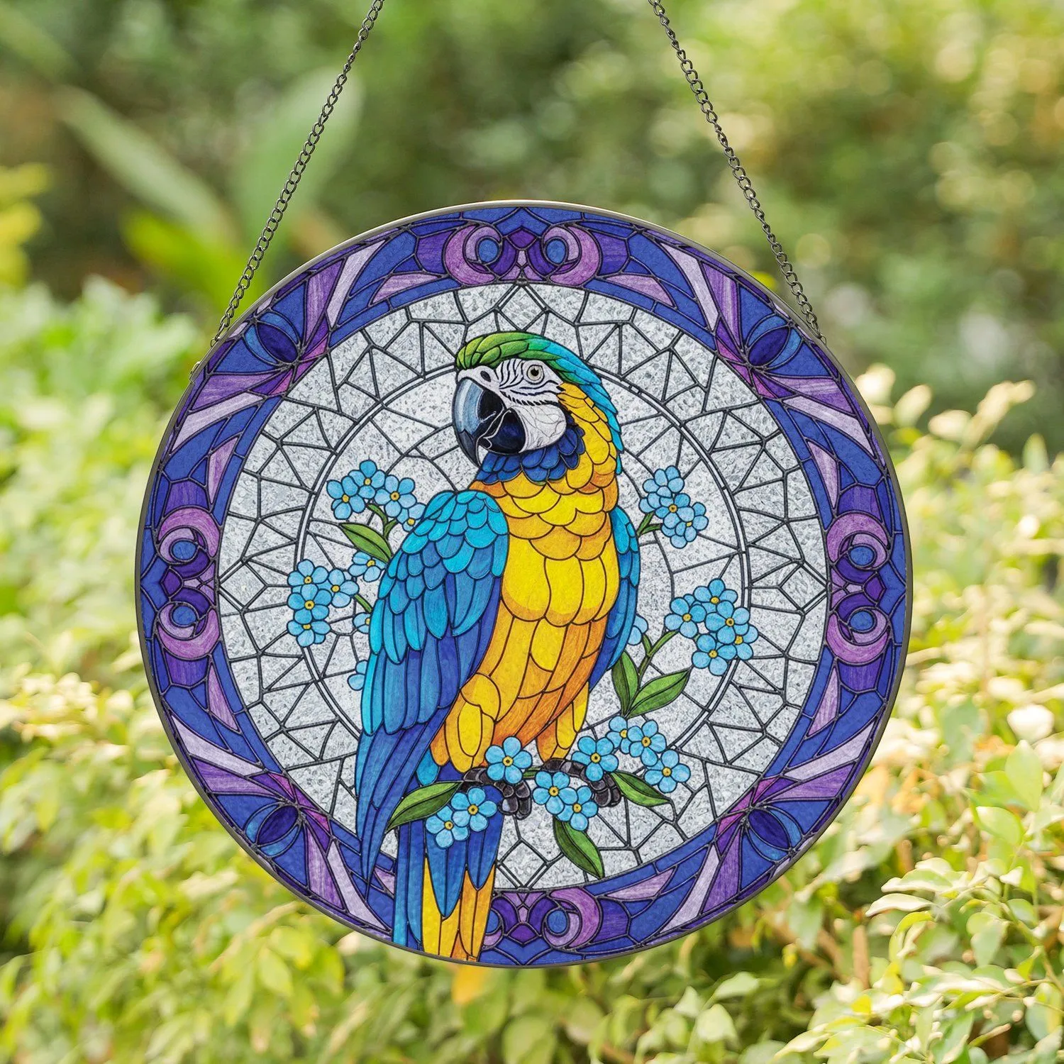 Blue Yellow Macaw Stained Glass Mosaic Art - Forget-Me-Nots Tiffany Style Home Decor Stained Glass Suncatcher - 1