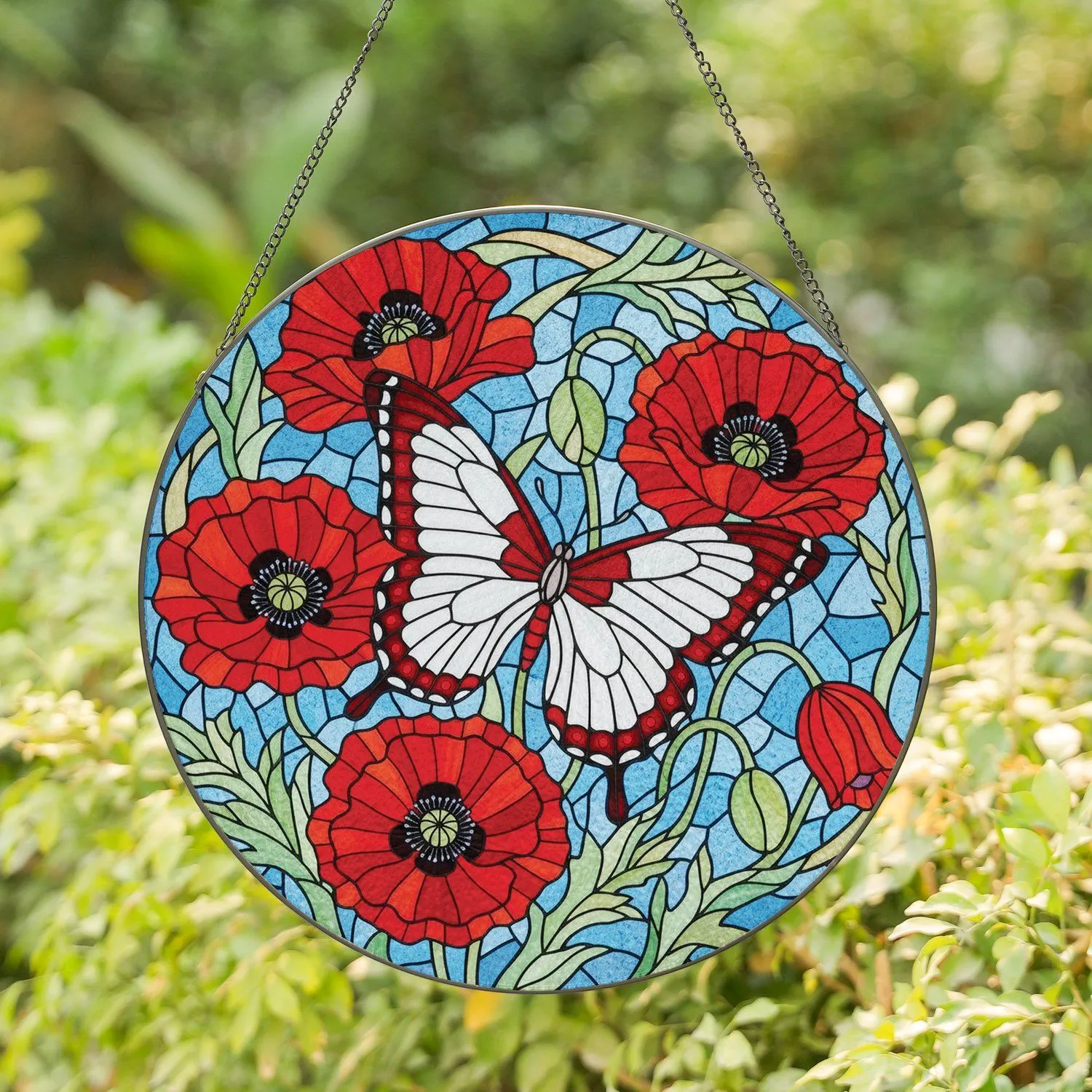 White Butterfly Red Poppy Tiffany Glass - Stained Glass Mosaic Sky & Green Foliage Stained Glass Suncatcher - 1