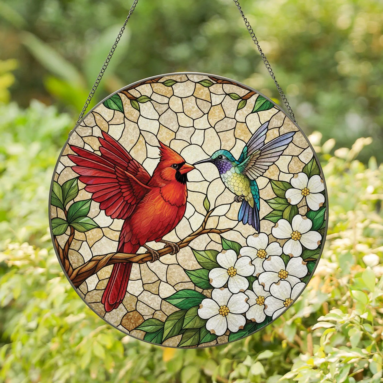 Red Cardinal Hummingbird Beak-to-Beak Dogwood Flowers - Tiffany Stained Glass Jewel Tones Stained Glass Suncatcher - 1
