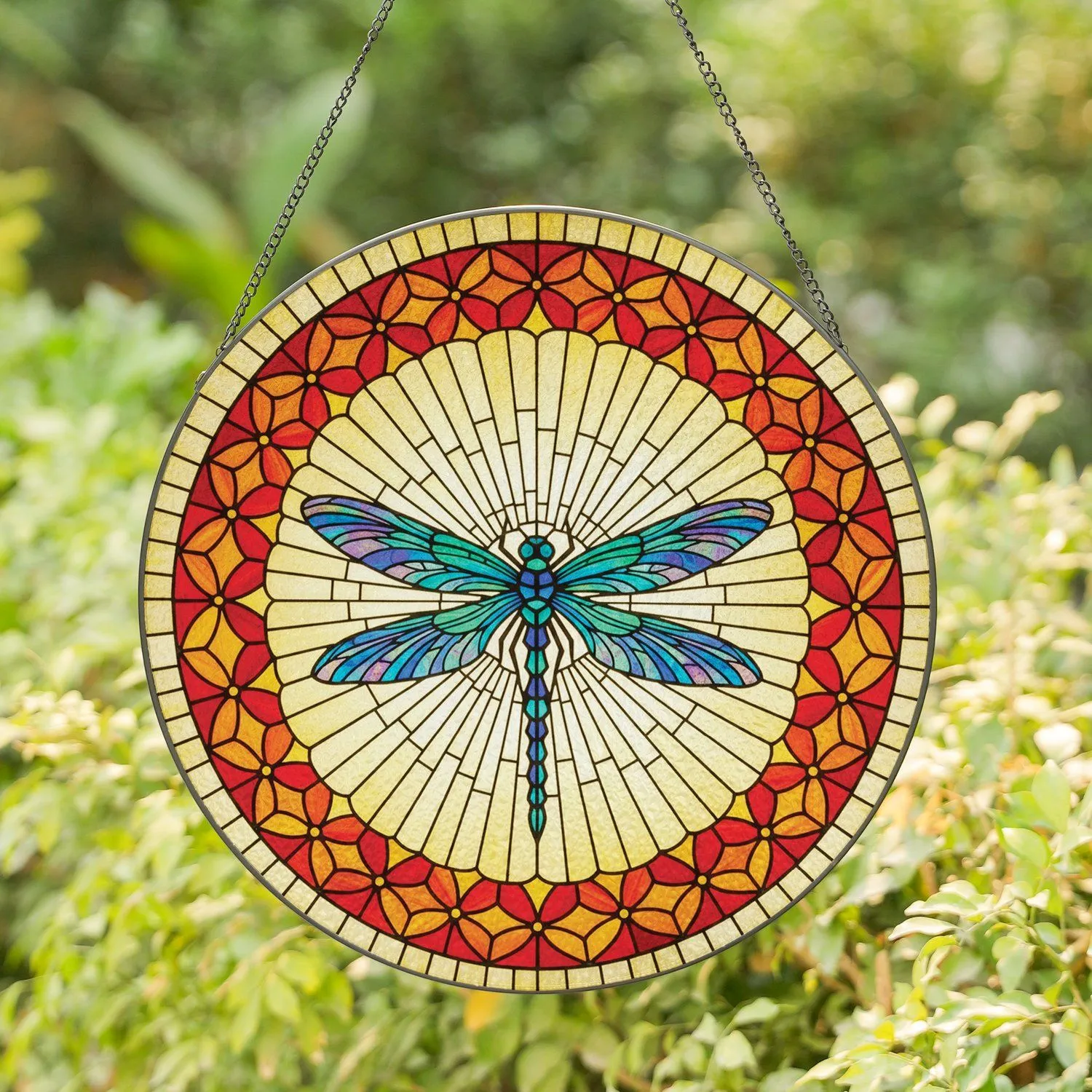 Colorful Jewel Tone Tiffany Stained Glass Dragonfly Sunburst - Intricate Floral Border Stained Glass Suncatcher - 1