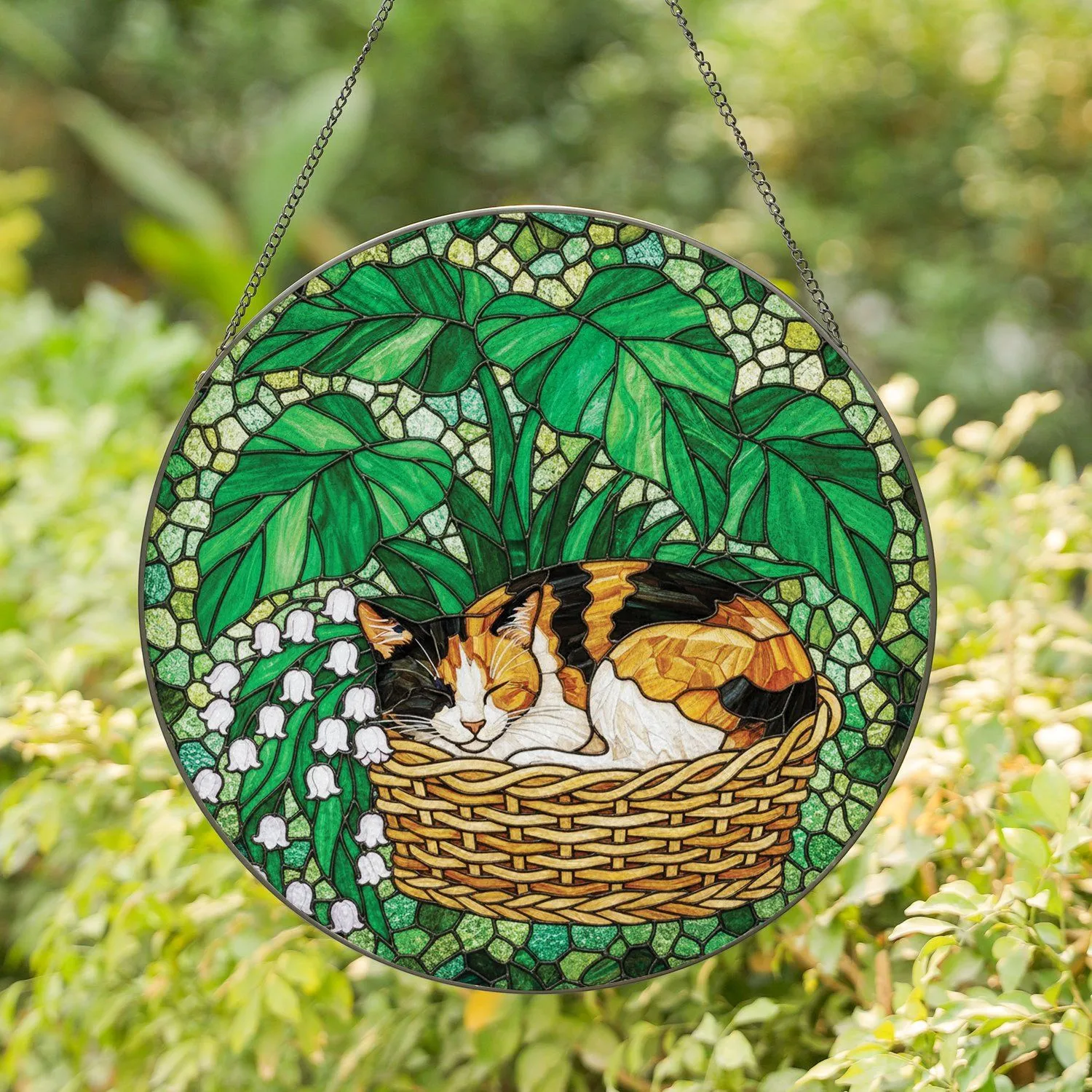 Stained Glass Sleeping Calico Cat Lily of Valley Flowers Tiffany Style Garden Foliage Stained Glass Suncatcher - 1