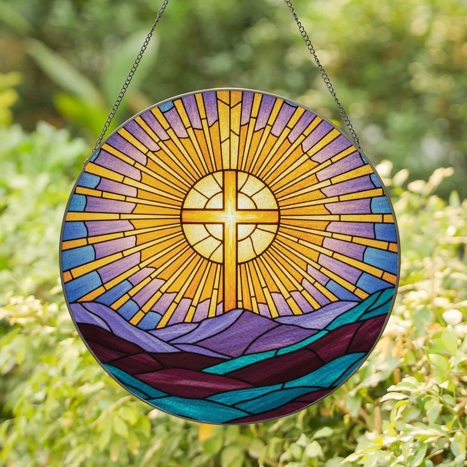 Prominent Golden Cross Radiant Sun Rays Mountain Peaks Tiffany Window Art Home Decor Gift Stained Glass Suncatcher - 1