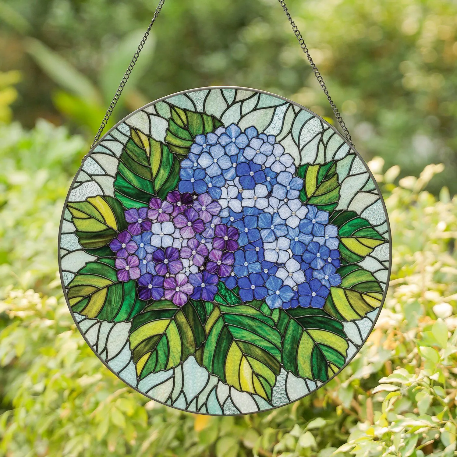 Intricate Tiffany Hydrangea Flowers Jewel Tone Blue Purple Green Mosaic Dappled Light Stained Glass Suncatcher - 1