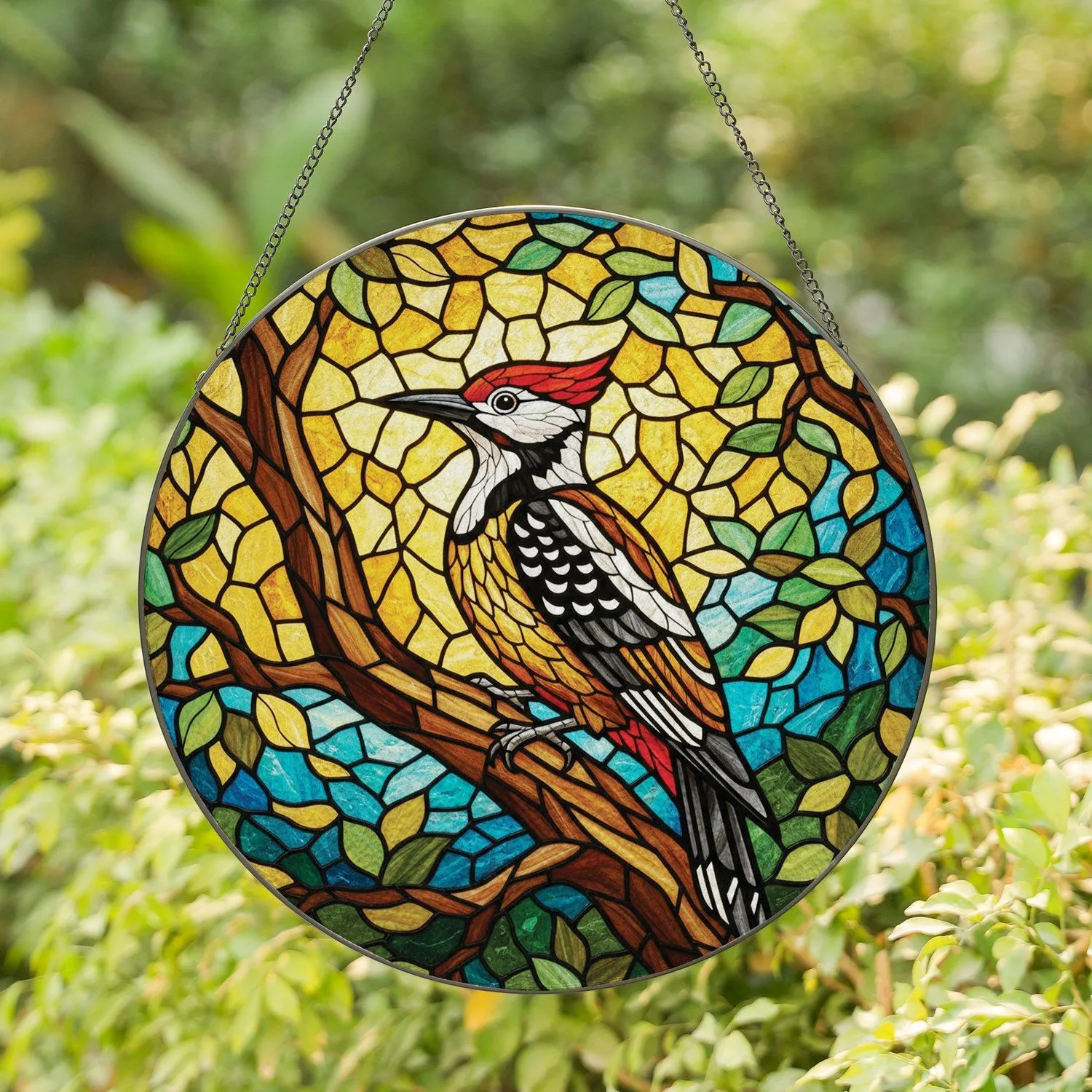 Majestic Red Crest Woodpecker Bird Tiffany Stained Glass Mosaic Tree Branch Art Stained Glass Suncatcher - 1