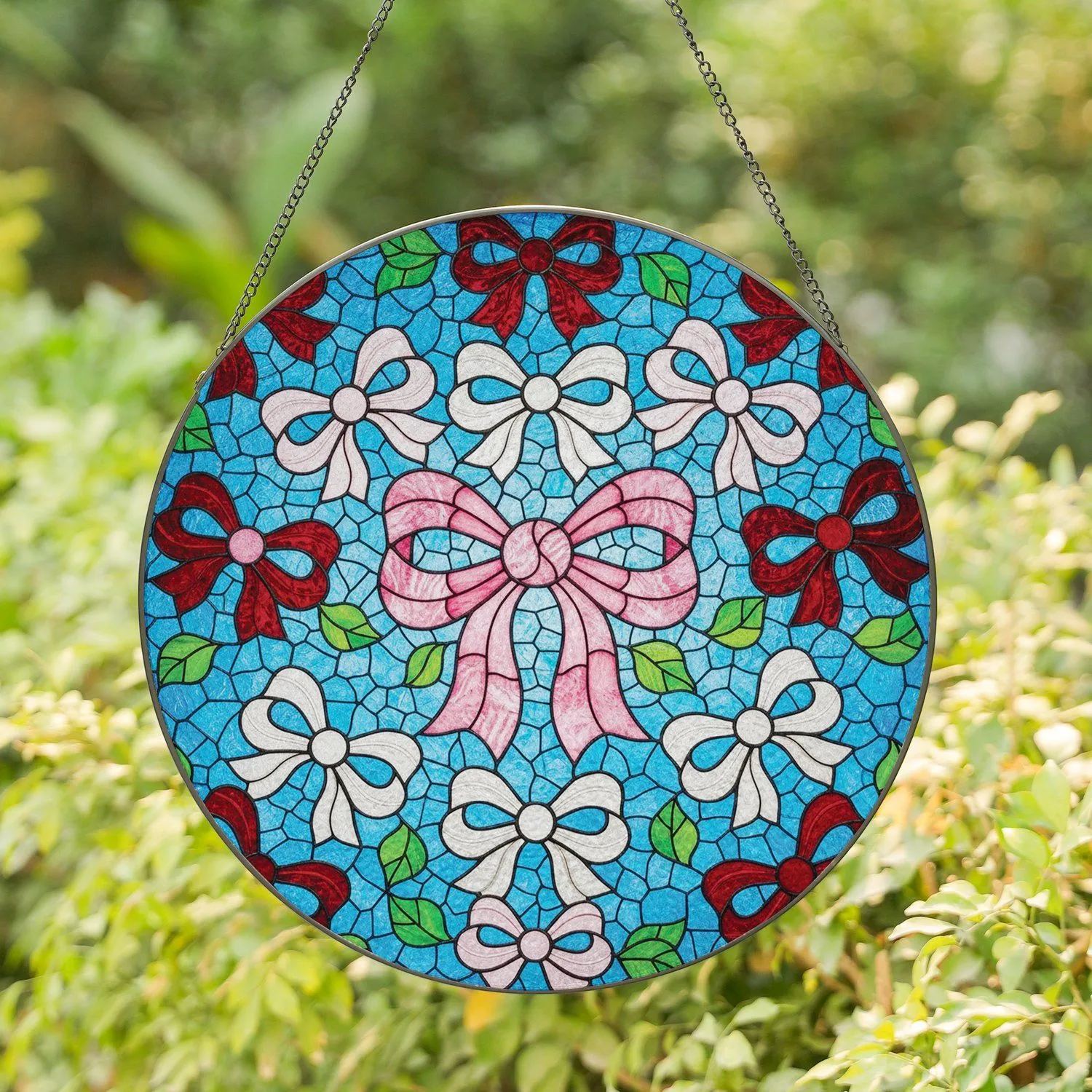 Large Pink Bow Stained Glass Mosaic - Red White Pink Bows Green Leaves Tiffany Art Gift Stained Glass Suncatcher - 1