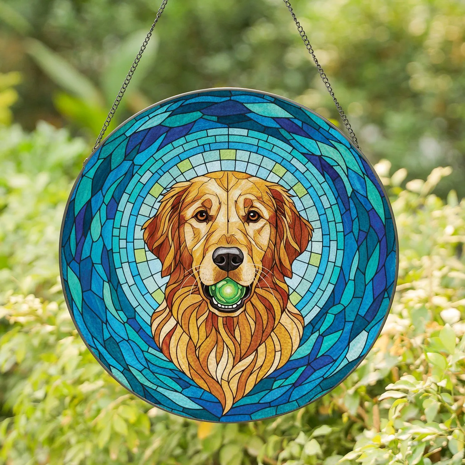 Intricate Golden Retriever Dog Green Ball Stained Glass Tiffany Mosaic Art - Dog Lover Gift Stained Glass Suncatcher - 1