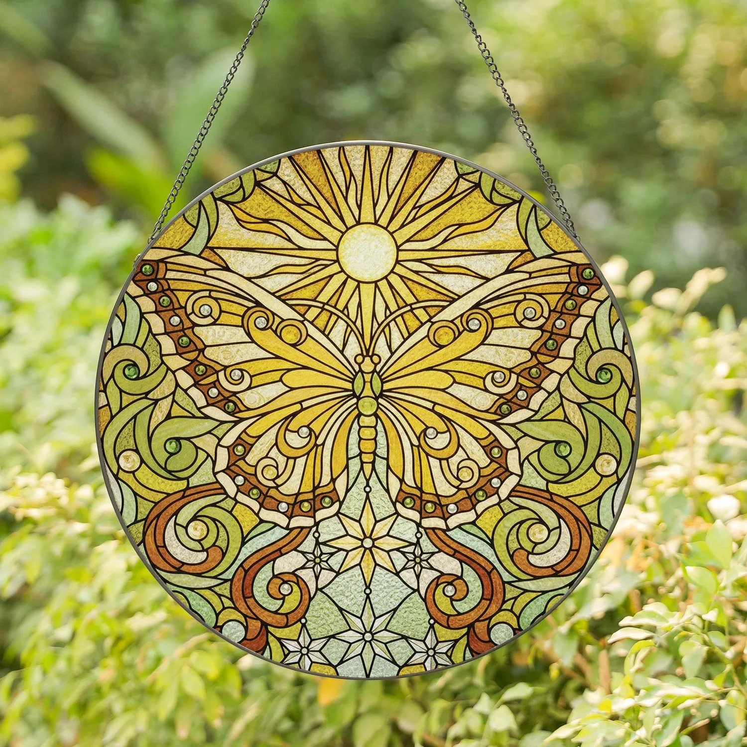 Tiffany Style Butterfly Sunburst Star Stained Glass Art - Intricate Jewel Tone Mosaic Decor Stained Glass Suncatcher - 1