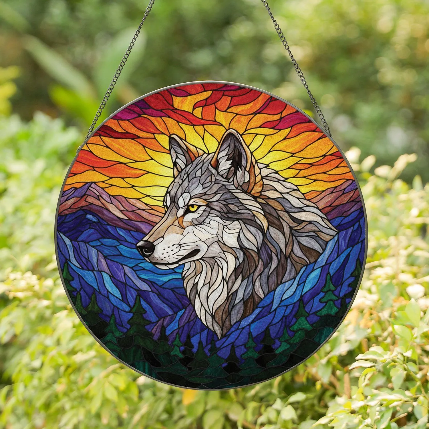 Majestic Wolf Mountains Sunset Stained Glass - Intricate Tiffany Style Nature Art Decor Stained Glass Suncatcher - 1