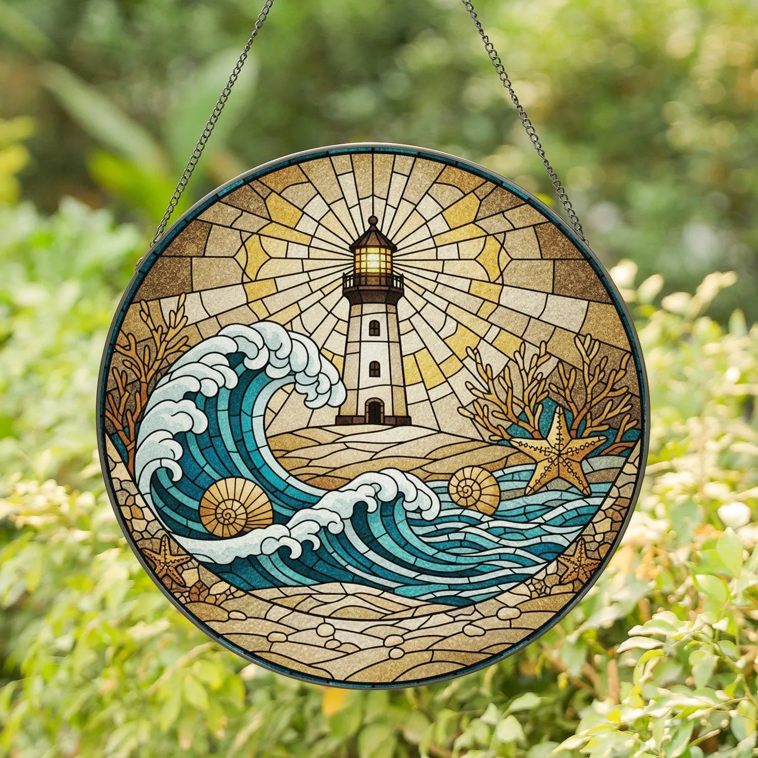 Tiffany Stained Glass Lighthouse Crescent Moon Ocean Wave - Sea Life Beach Decor Stained Glass Suncatcher - 1