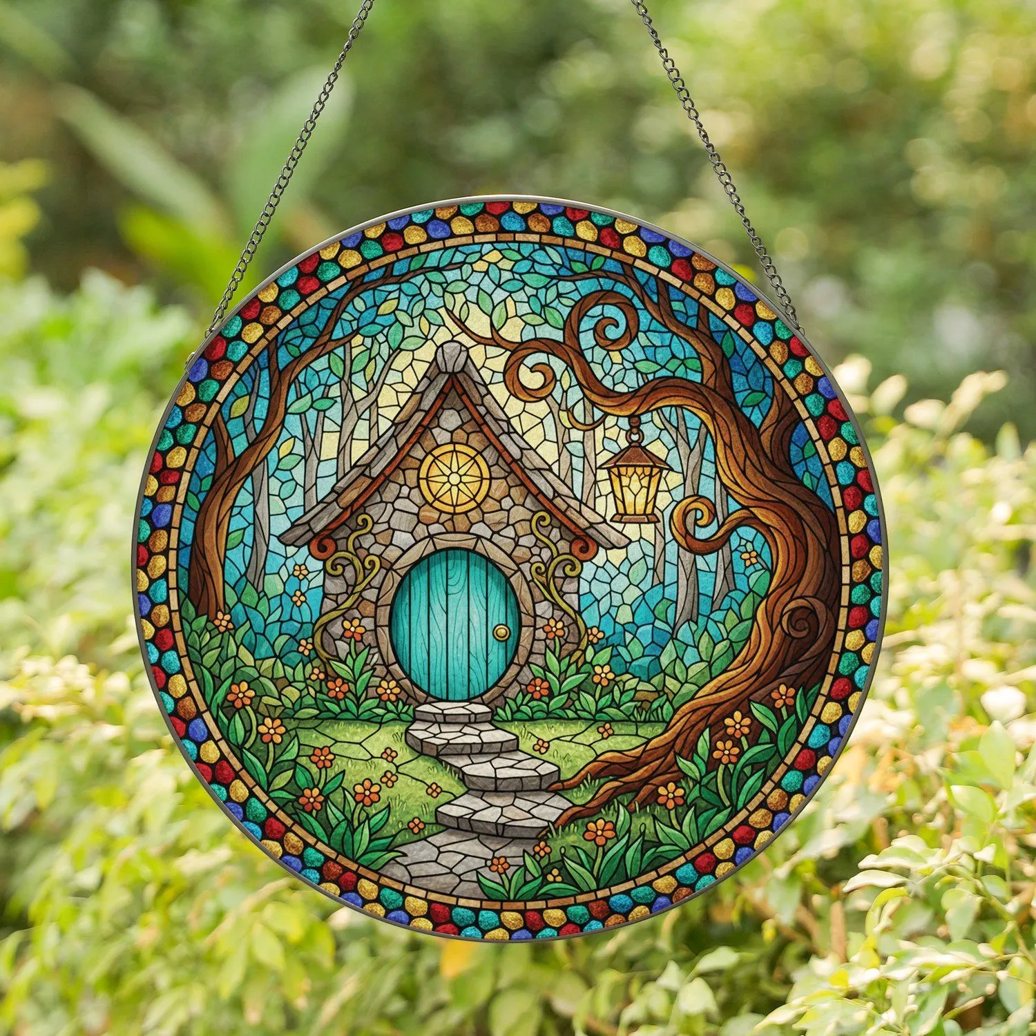 Teal Fairy House Door Enchanted Forest Mosaic Rustic Lantern Tiffany Style Home Decor Stained Glass Suncatcher - 1