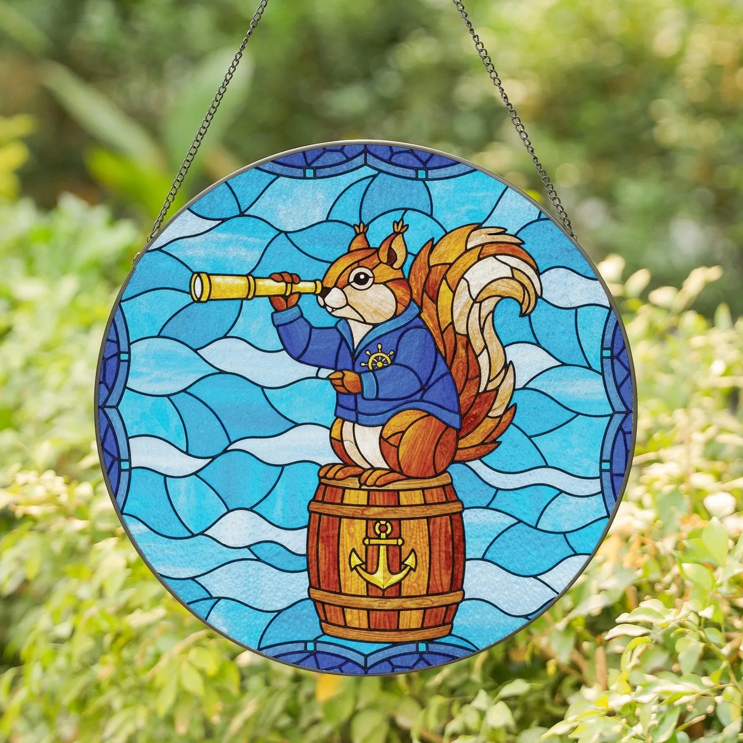 Stained Glass Mosaic Squirrel Sailor Barrel Anchor - Wildlife Lover Home Decor Gift Stained Glass Suncatcher - 1