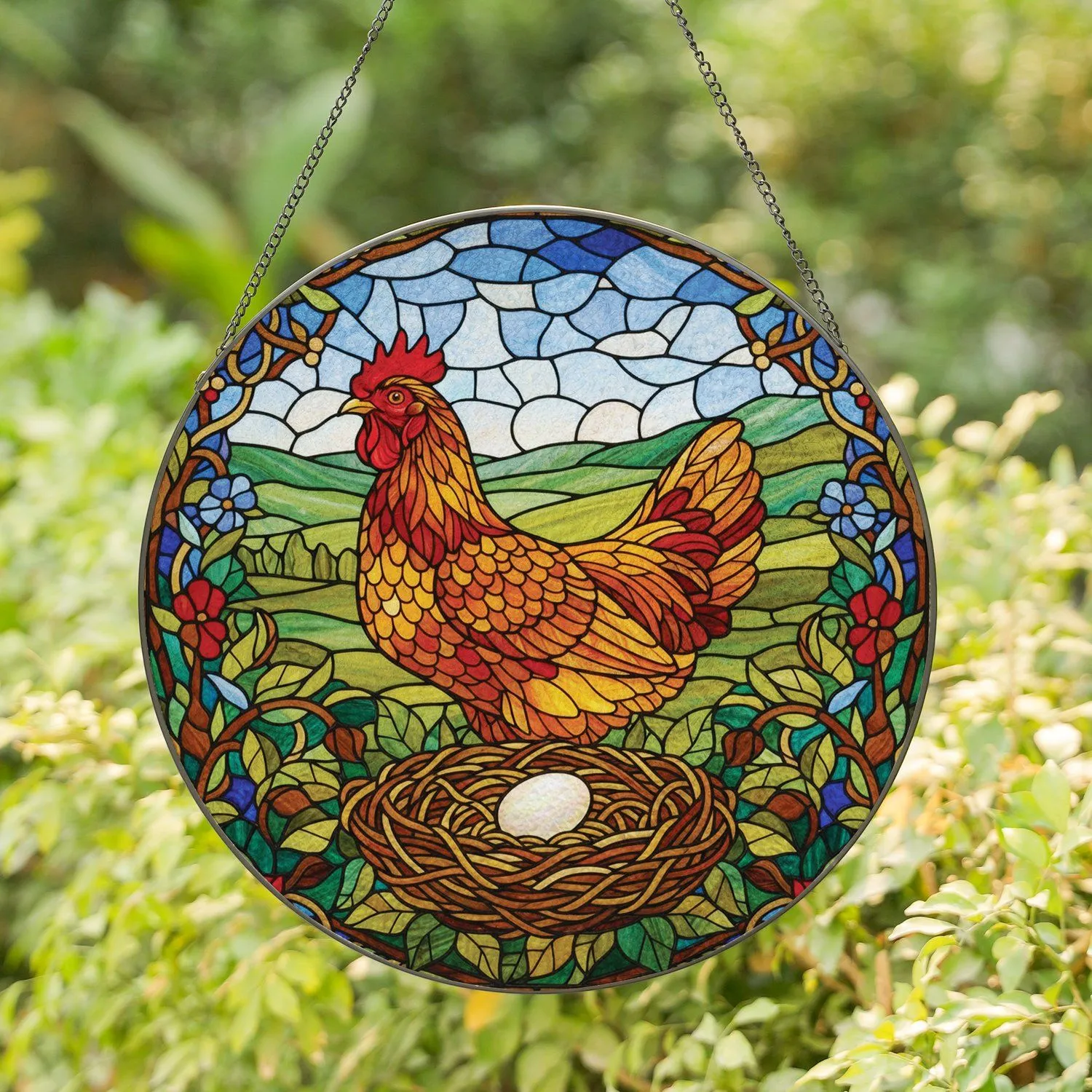 Majestic Hen Nest Egg Pastoral Landscape - Home Decor Gift for Hen Lover Stained Glass Suncatcher - 1