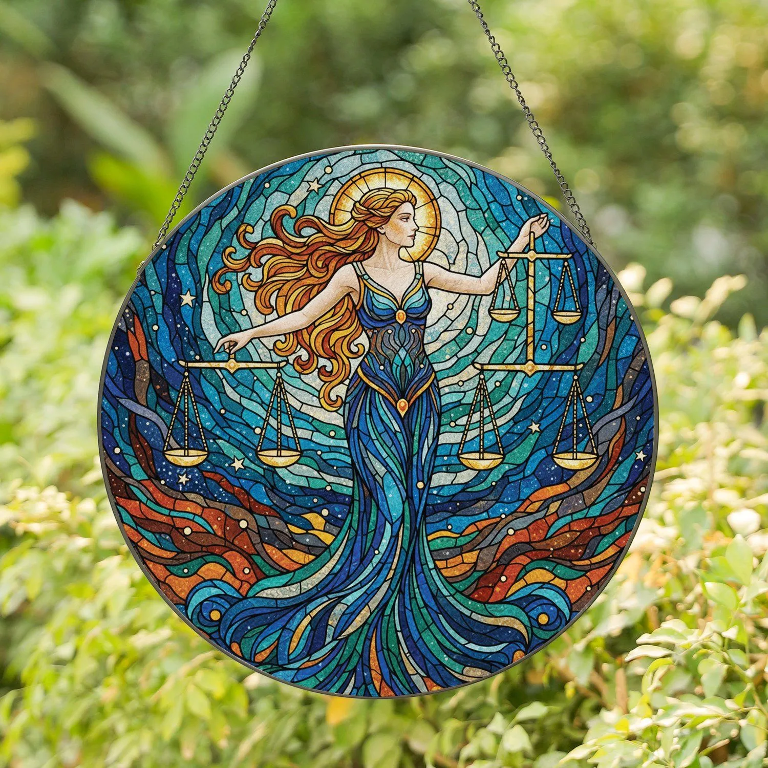 Lady Justice Balanced Scales Celestial Sky - Home Decor Gift for Libra Zodiac Stained Glass Suncatcher - 1