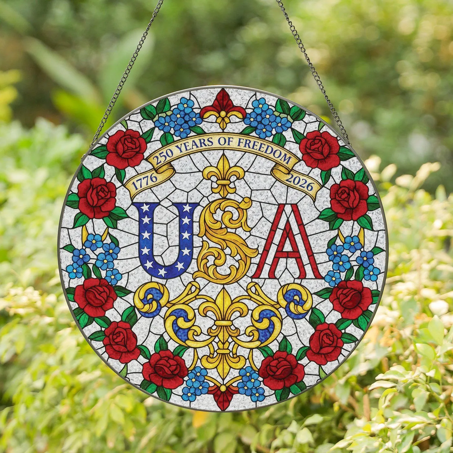 USA 250th Anniversary, Roses, Fleur-de-lis 1776-2026 Independence Day Stained Glass Suncatcher - 1