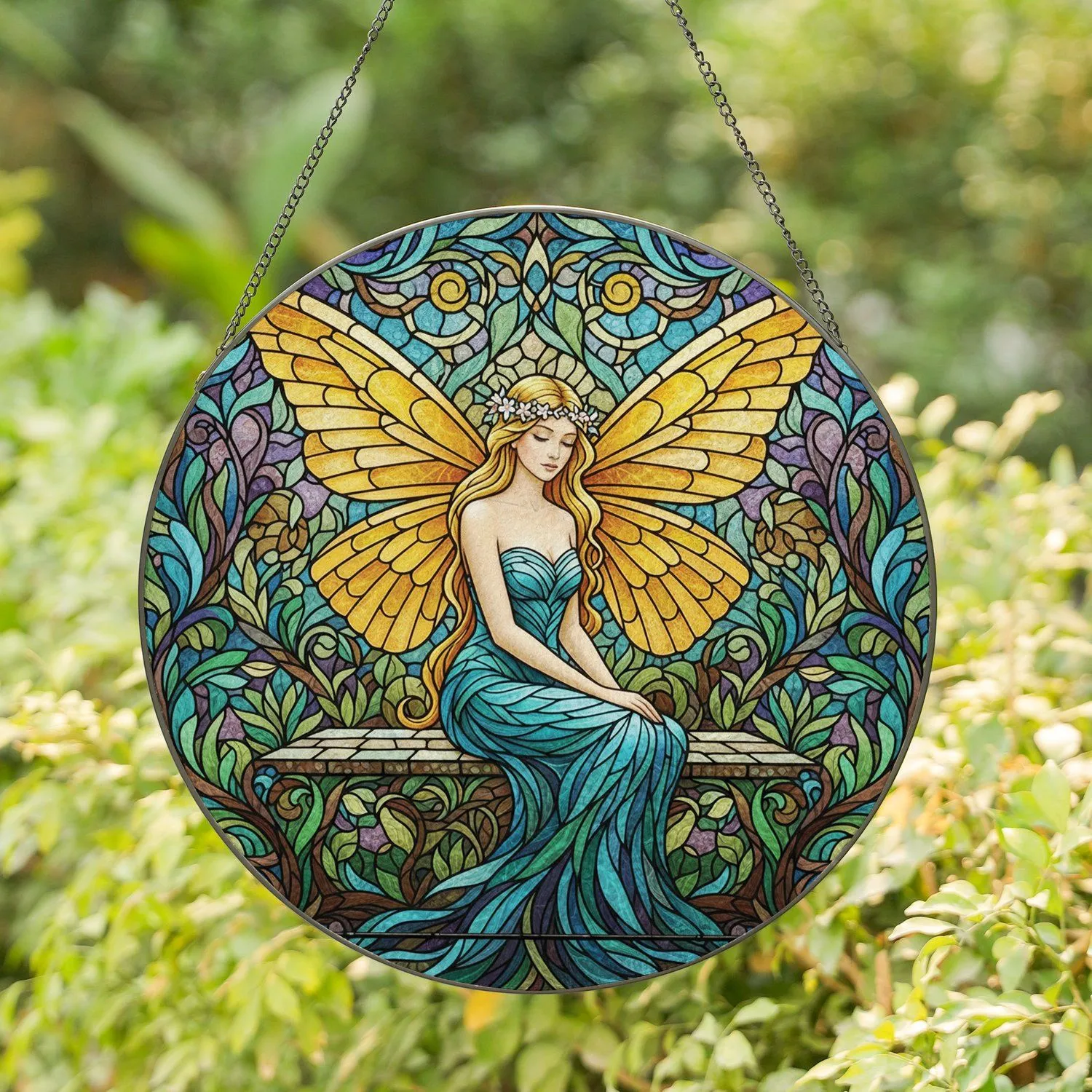 Tiffany Glass Fairy Woman Butterfly Wings Home Decor Gift for Fantasy Garden Lover Stained Glass Suncatcher - 1