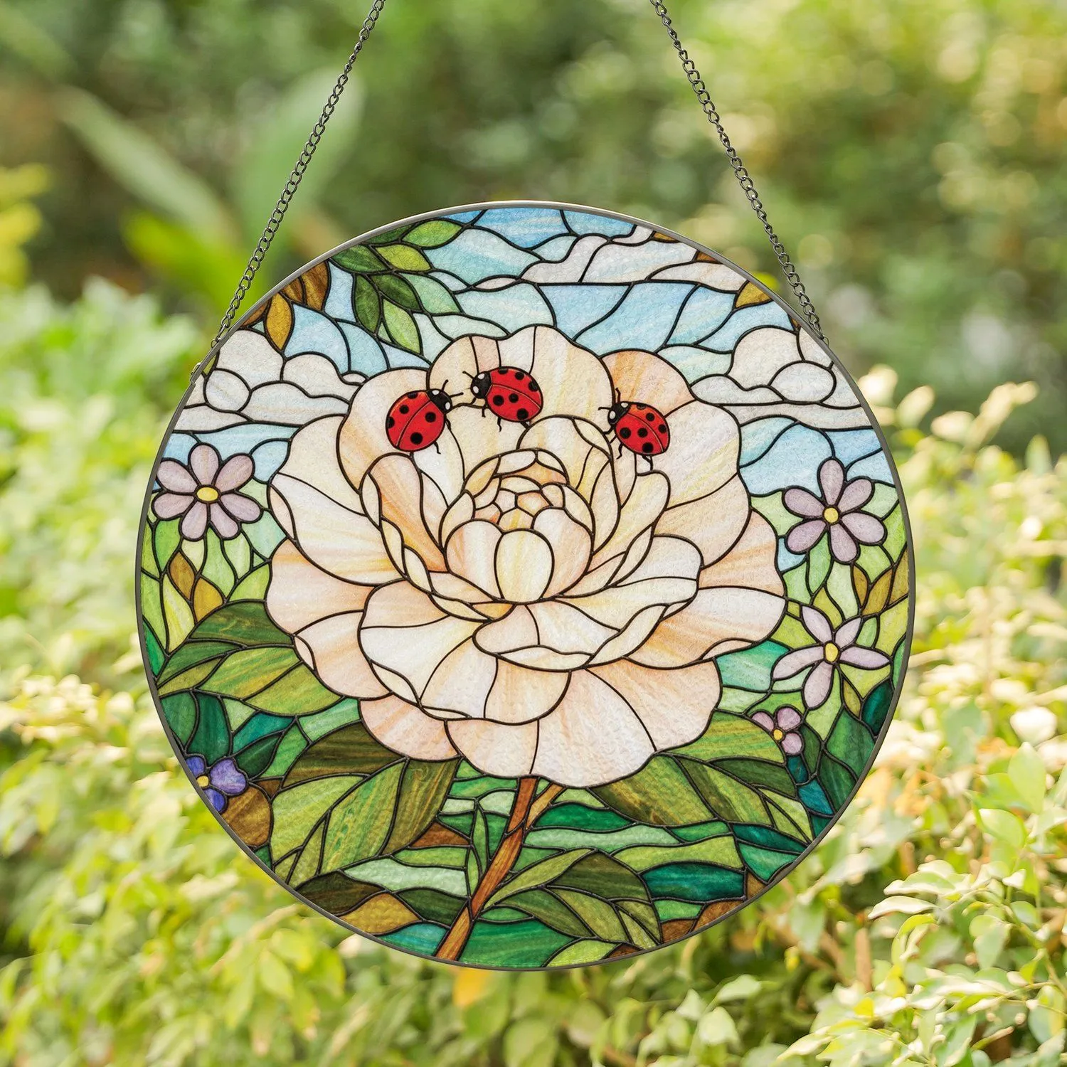 Stained Glass Multi-Petaled Flower Red Ladybugs Tiffany Mosaic Natural Jewel Tones Art Stained Glass Suncatcher - 1