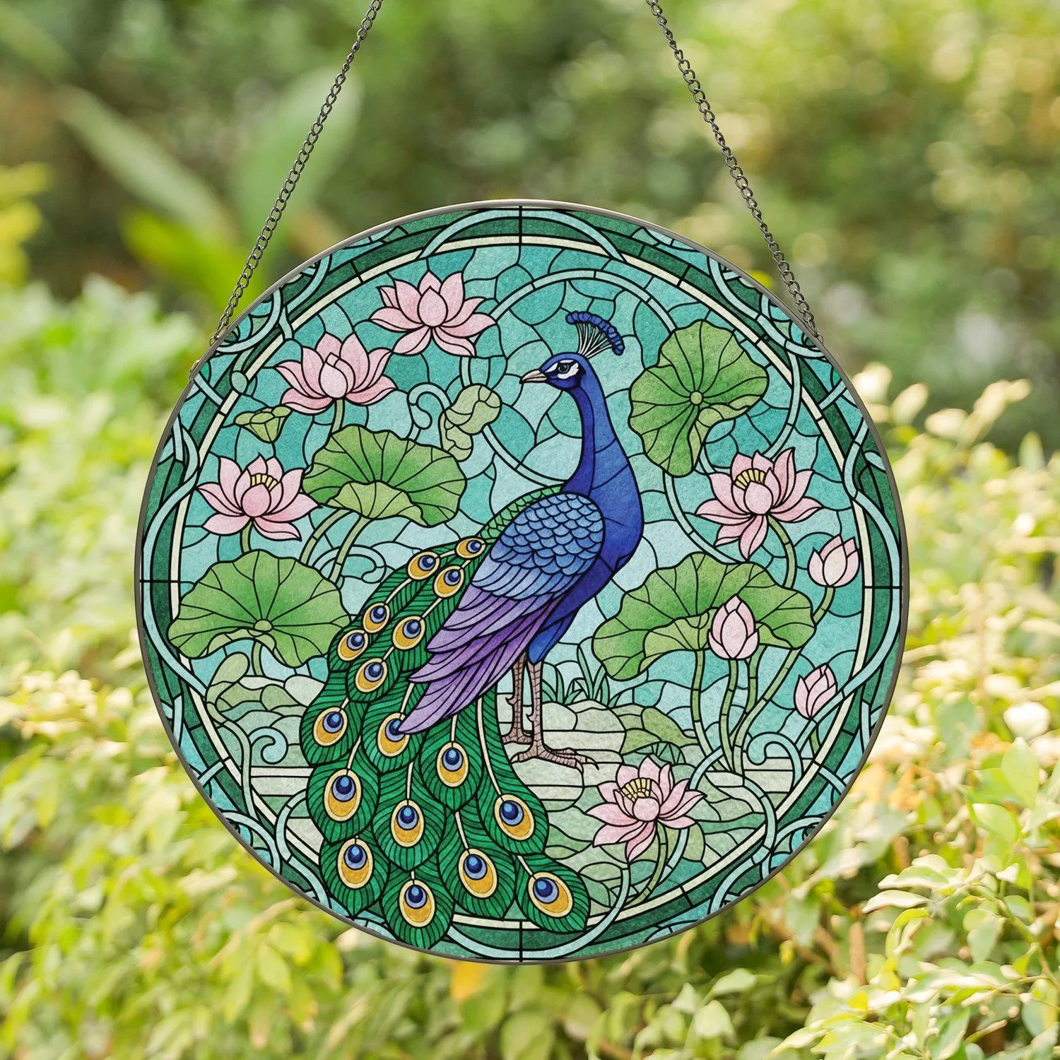 Peacock Lotus Stained Glass Art - Tiffany Style Jewel Tone Window Decor Display Gift Stained Glass Suncatcher - 1