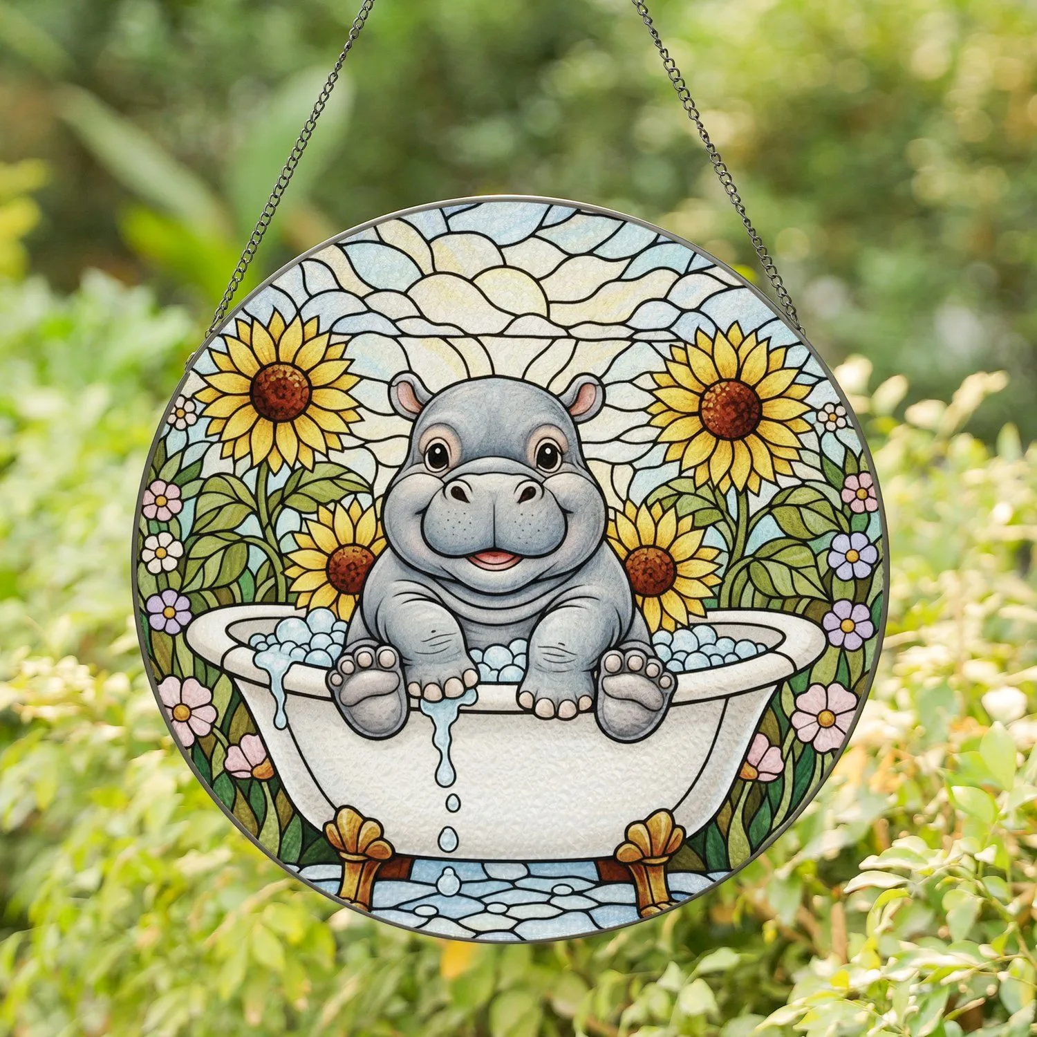 Chubby Baby Hippo Bathtub Sunflowers - Jewel Tone Tiffany Style Garden Mosaic Decor Stained Glass Suncatcher - 1