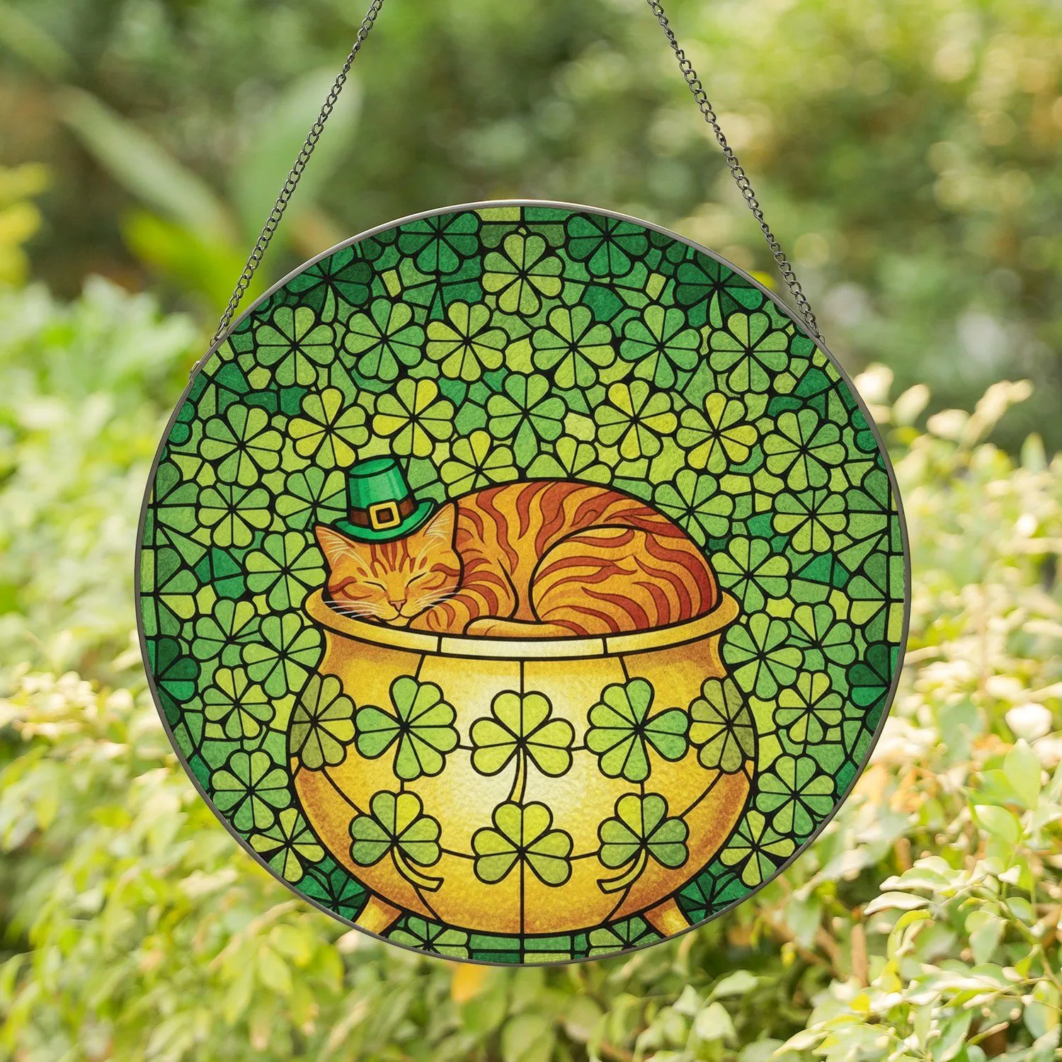 Ginger Tabby Cat Leprechaun Hat Golden Pot Shamrocks Stained Glass - St. Patrick's Day Gift for Cat Lovers Stained Glass Suncatcher - 1